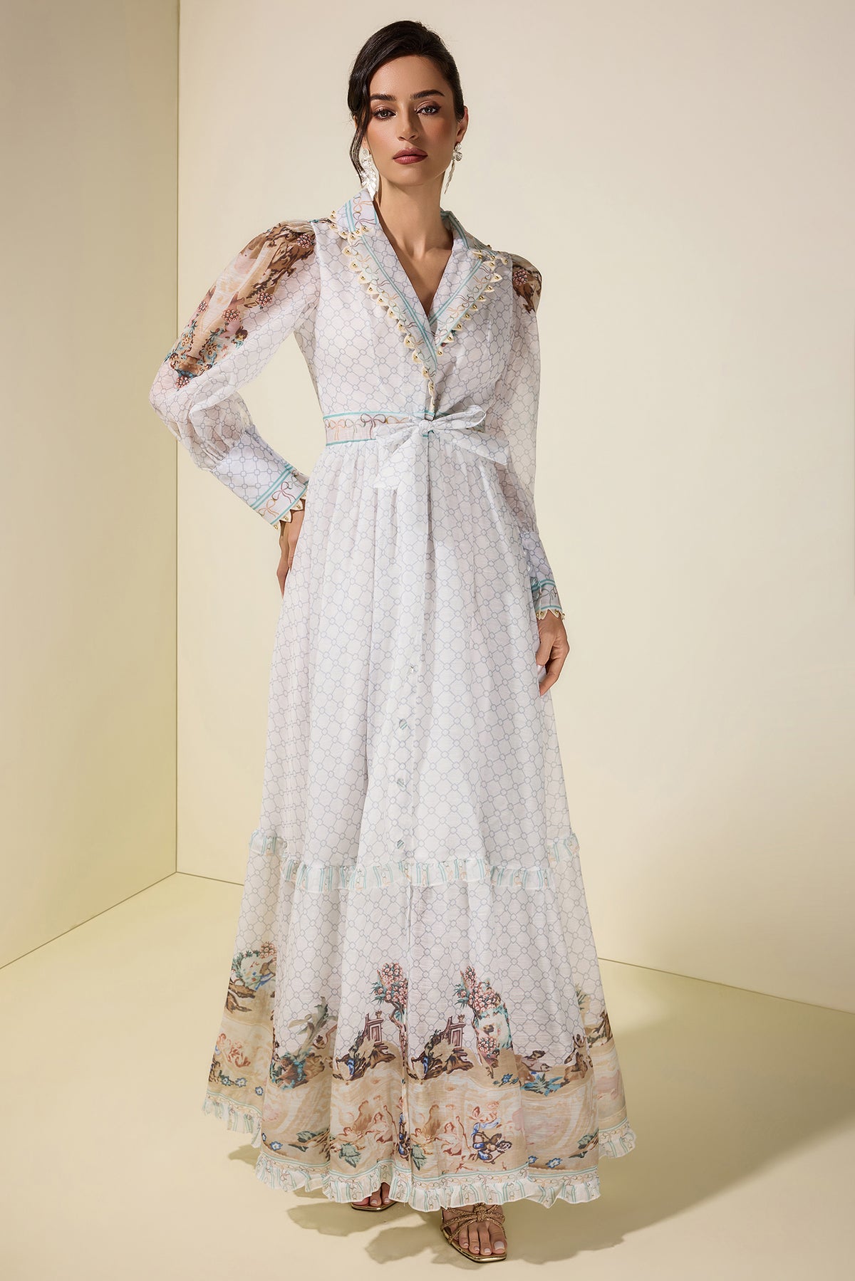 Palace Print V-Neck Rivet Maxi Dress