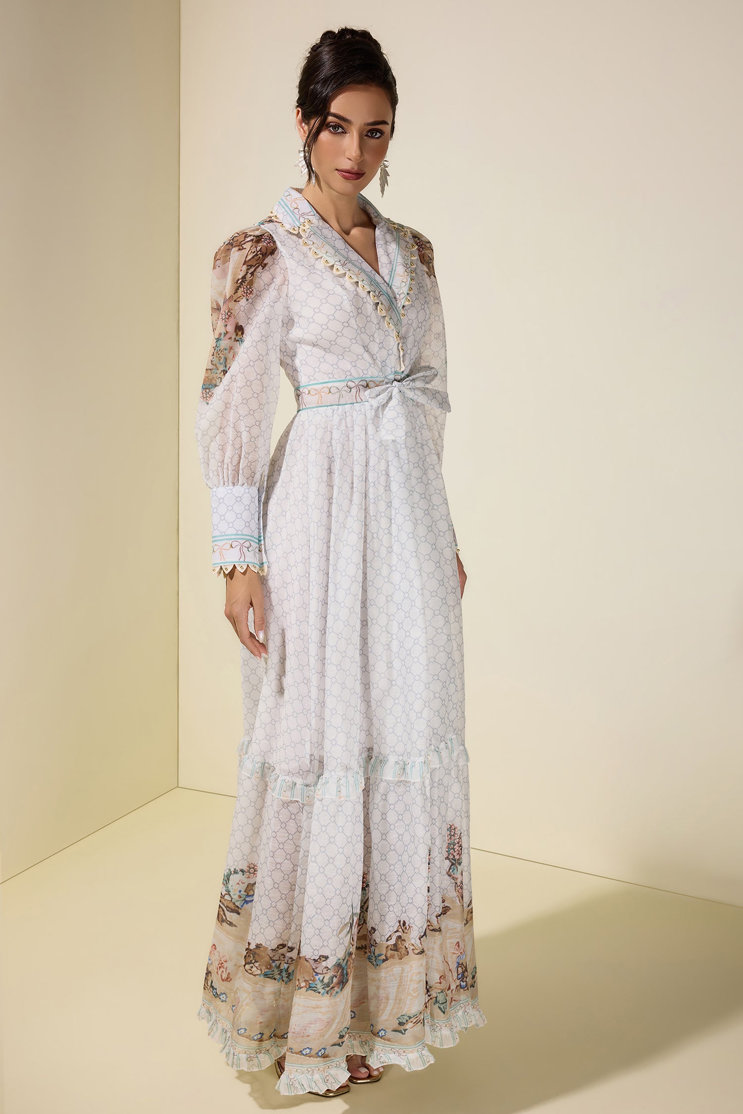 Palace Print V-Neck Rivet Maxi Dress