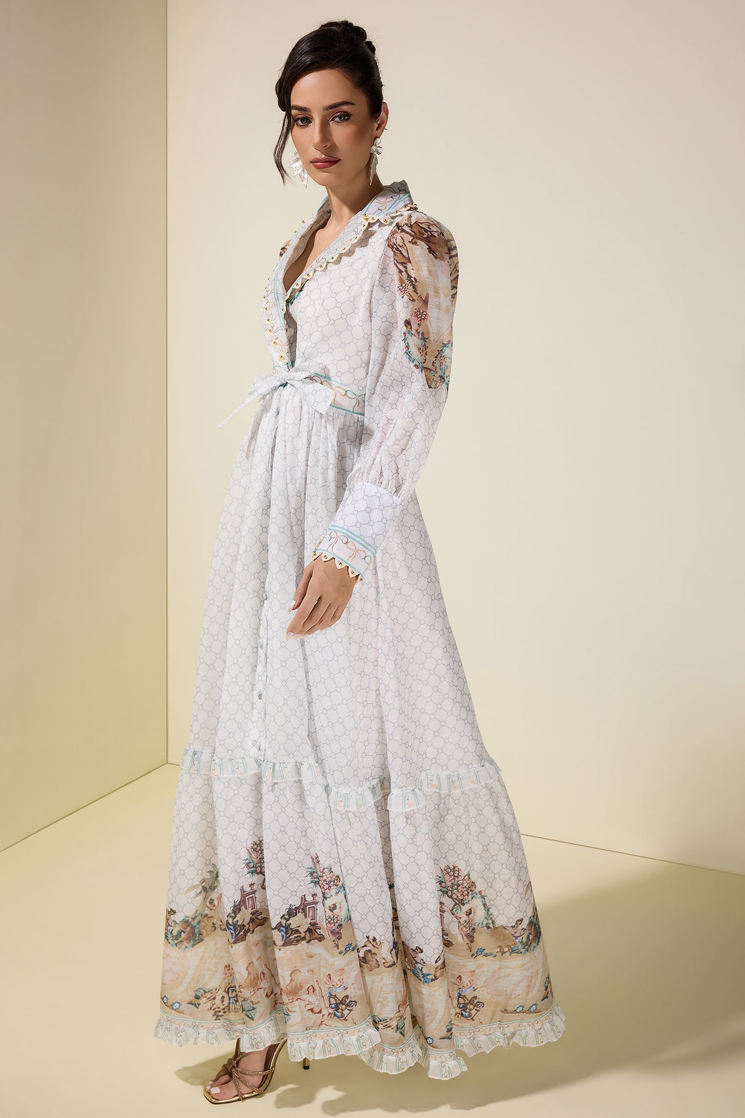 Palace Print V-Neck Rivet Maxi Dress