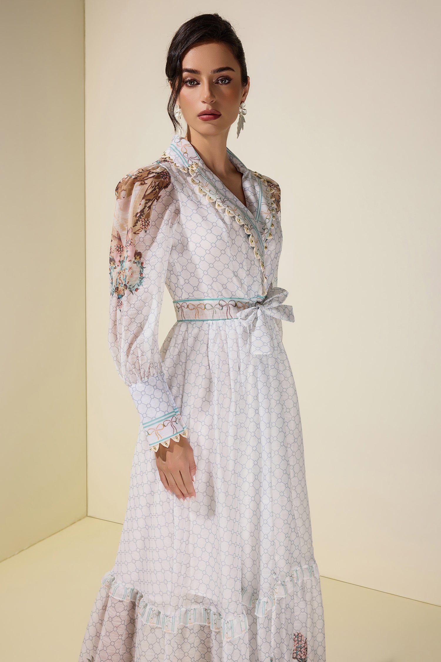 Palace Print V-Neck Rivet Maxi Dress