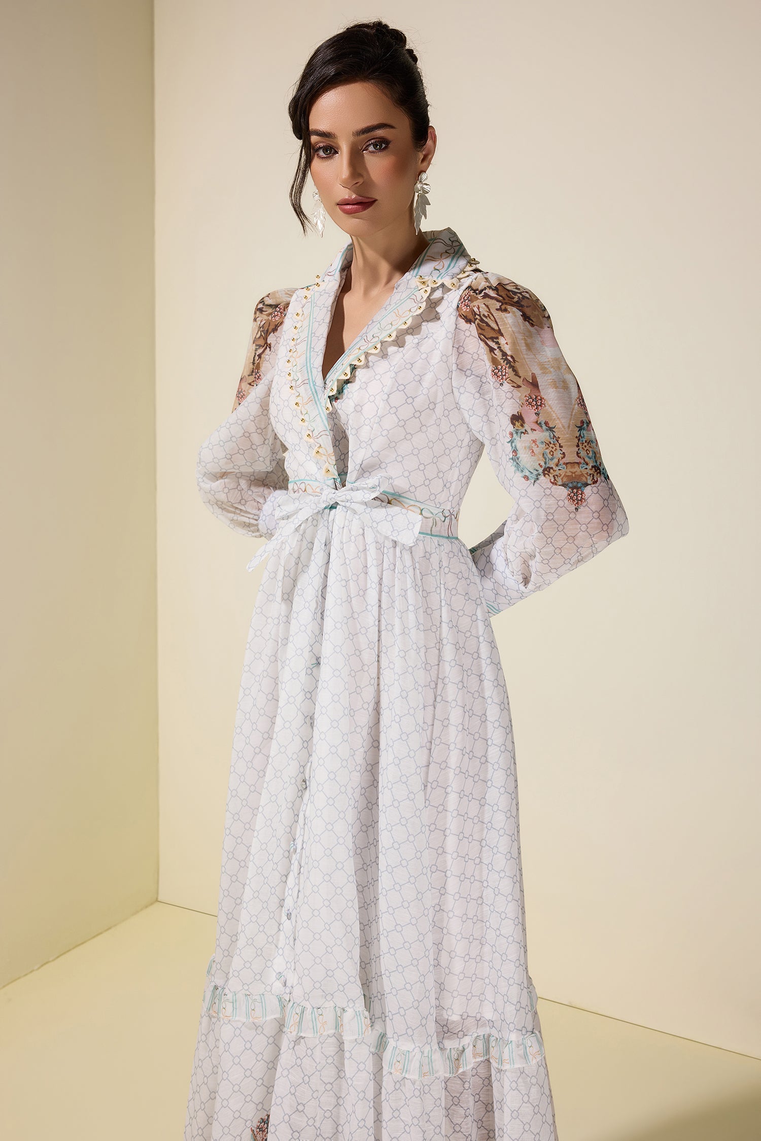 Palace Print V-Neck Rivet Maxi Dress