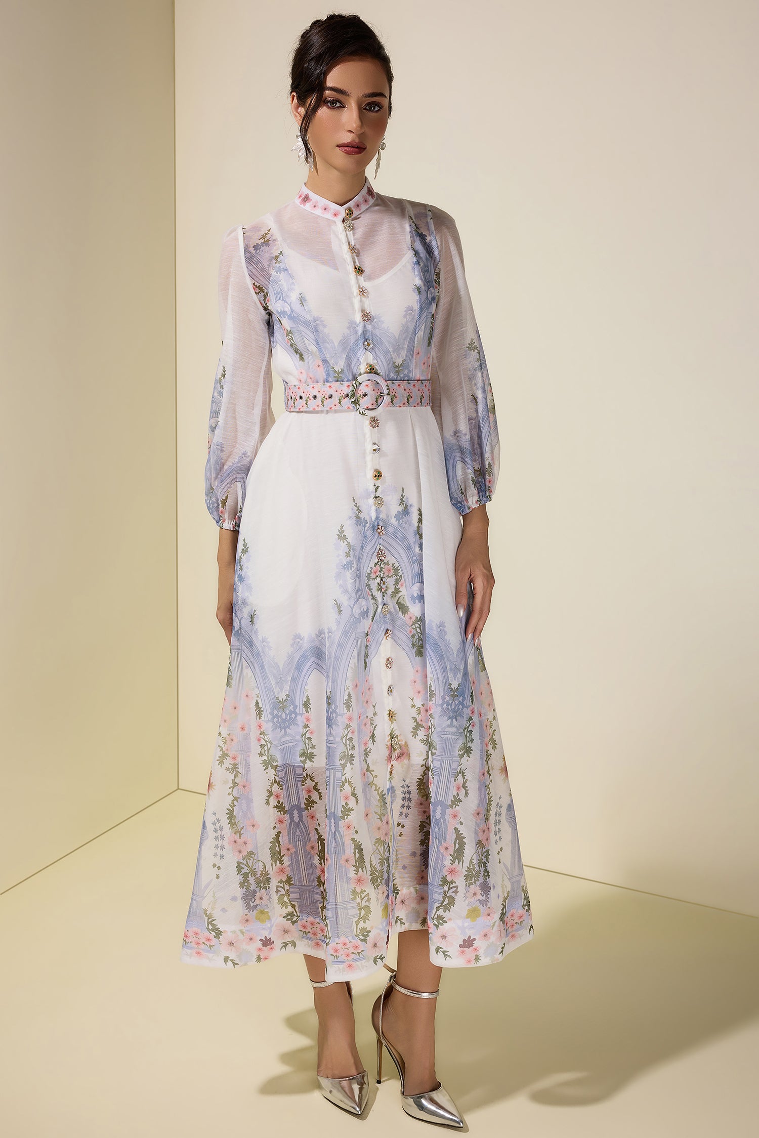 Floral Single Breasted Long Sleeve Midi Dress With Belt