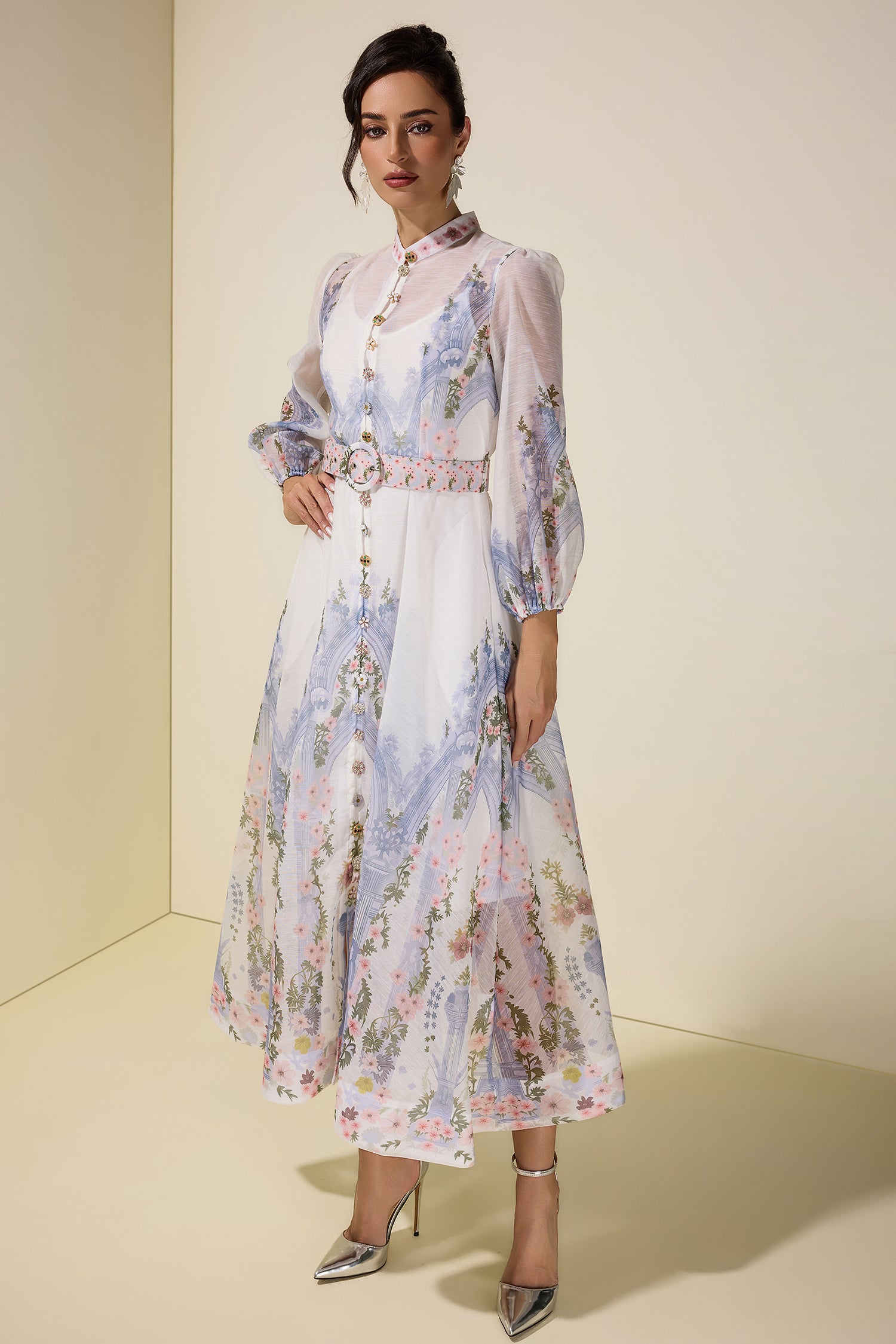 Floral Single Breasted Long Sleeve Midi Dress With Belt