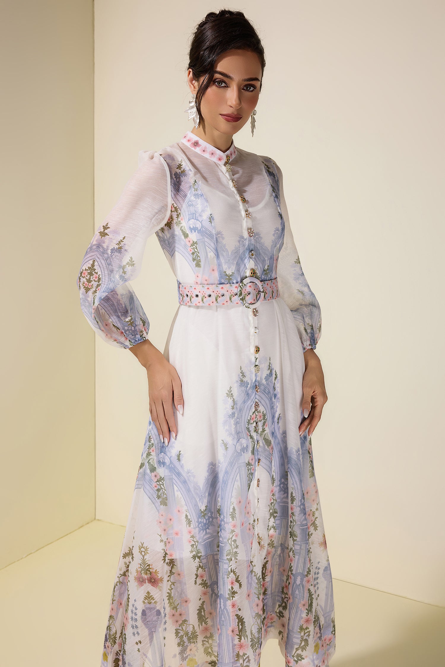 Floral Single Breasted Long Sleeve Midi Dress With Belt