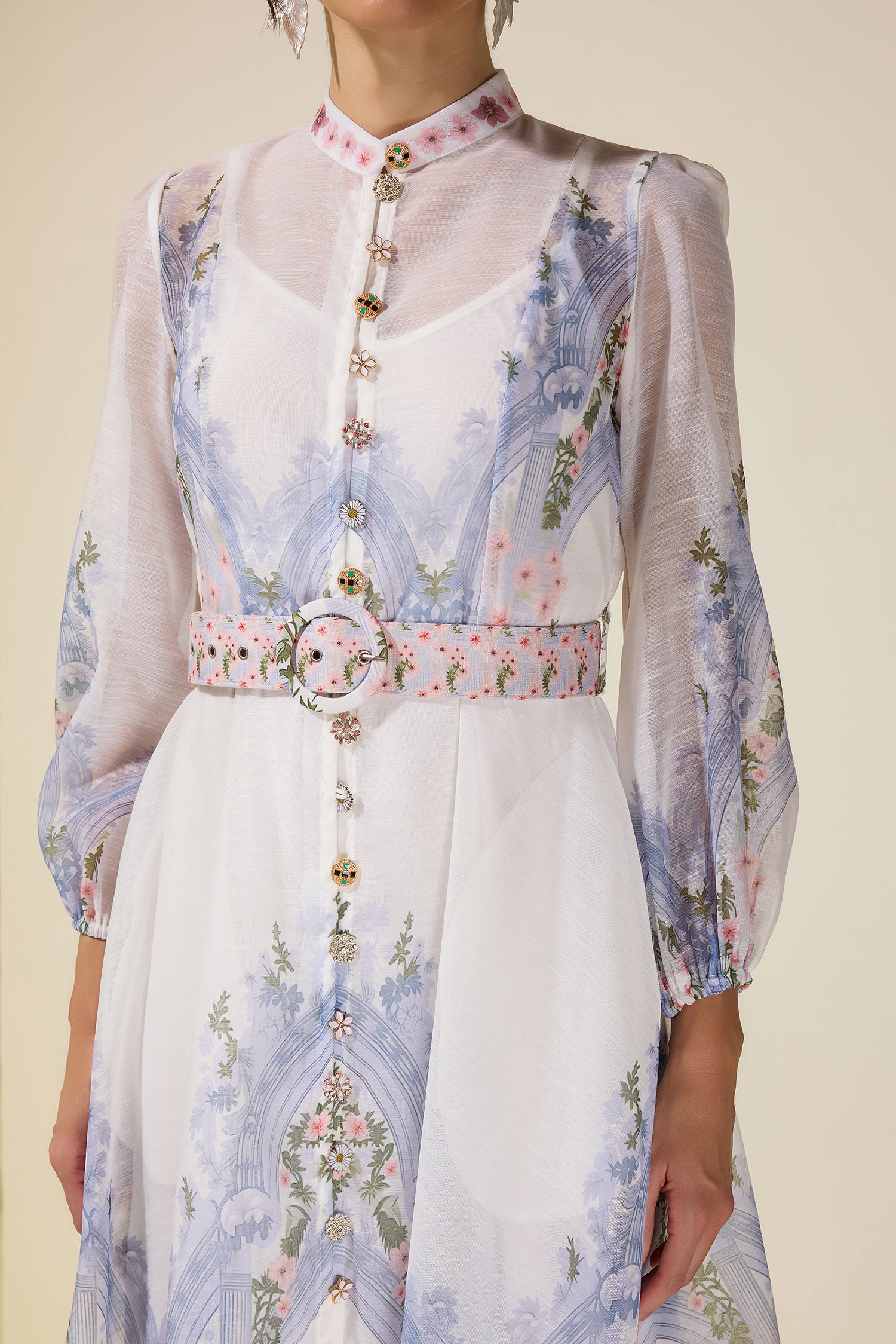 Floral Single Breasted Long Sleeve Midi Dress With Belt