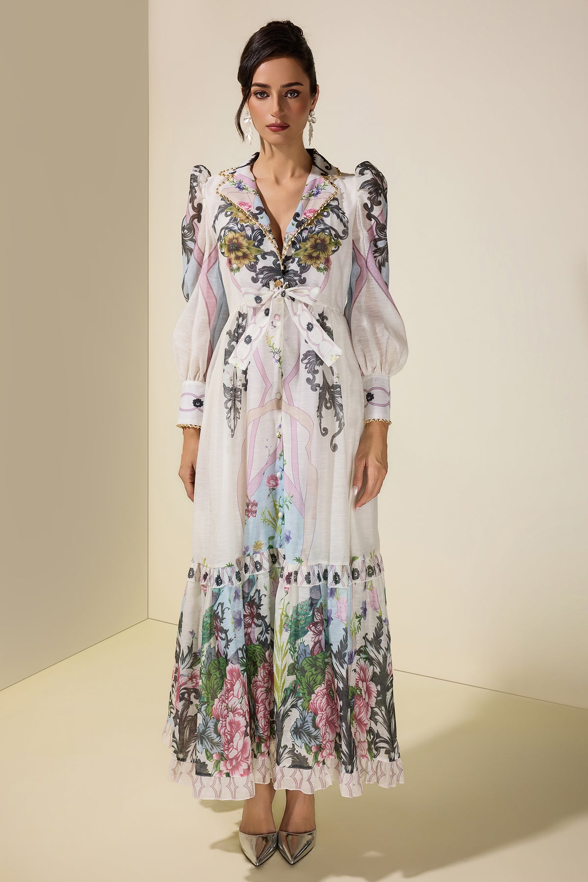 Floral Lace-Up Tailored Collar Maxi Dress