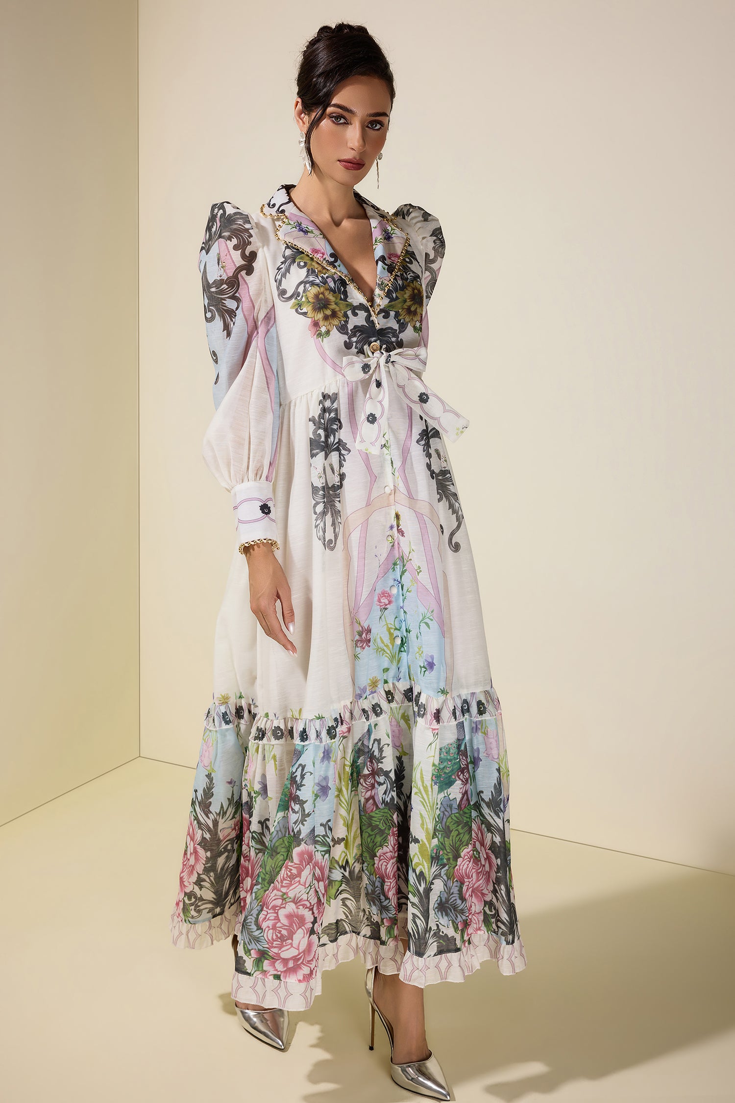 Floral Lace-Up Tailored Collar Maxi Dress