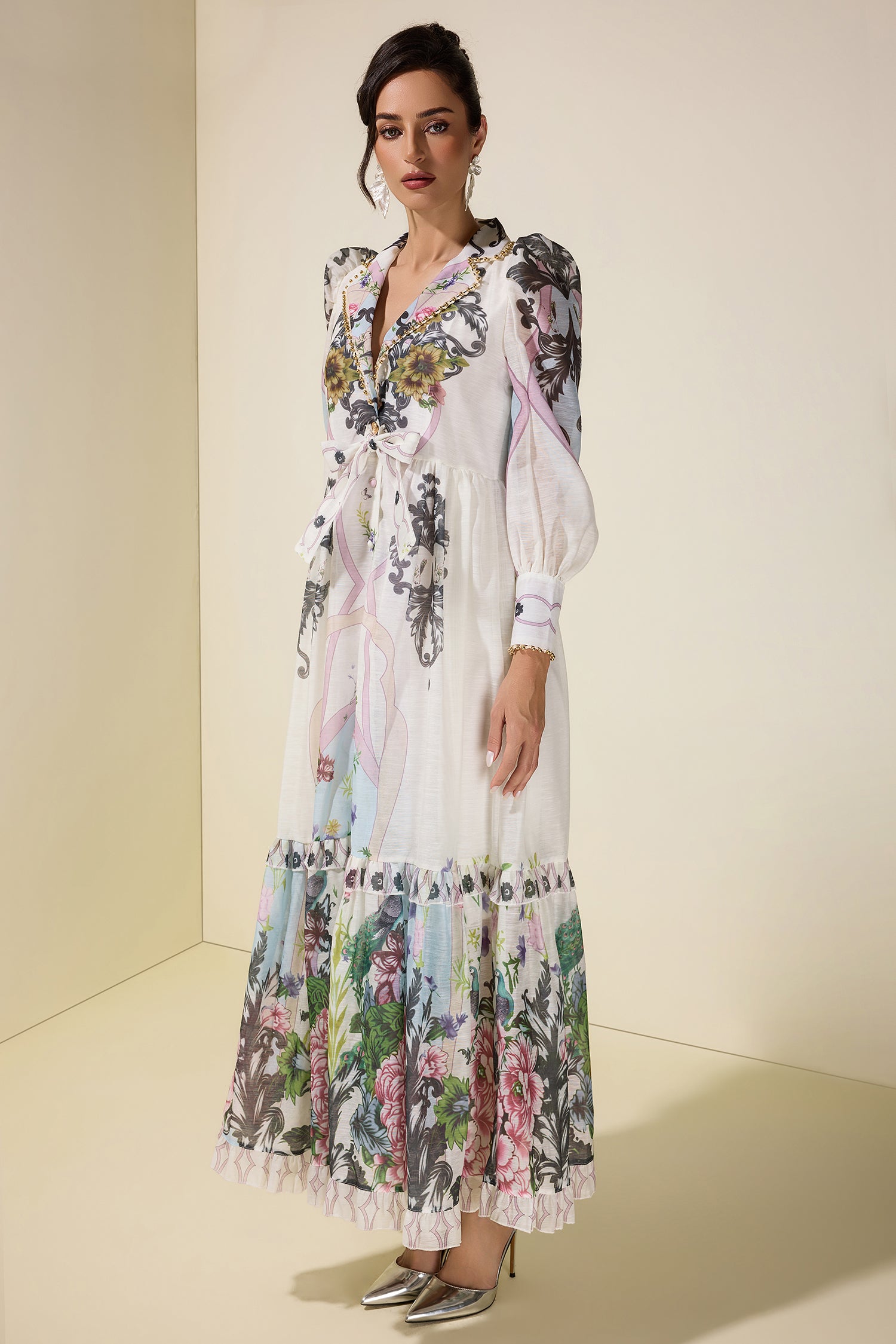 Floral Lace-Up Tailored Collar Maxi Dress