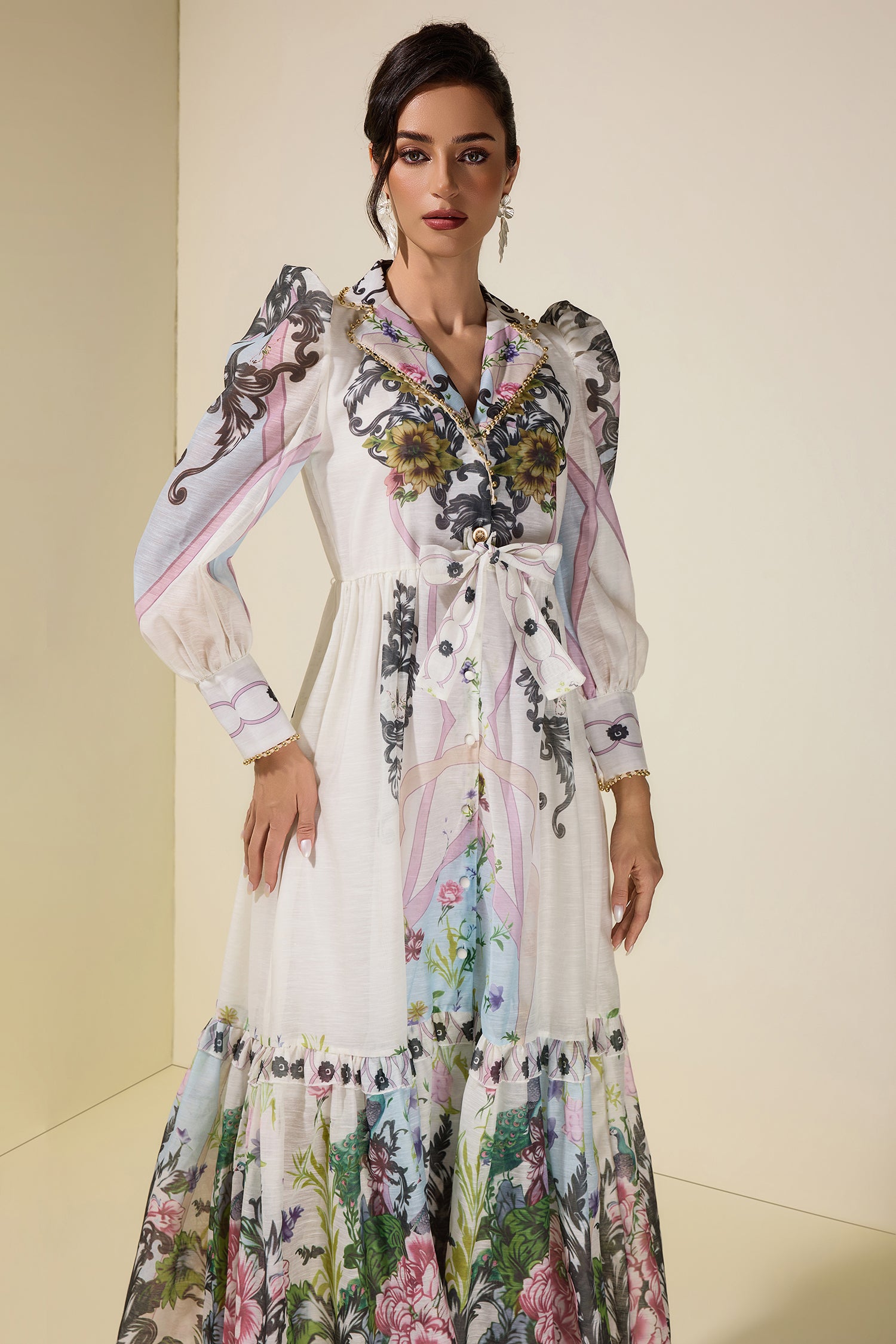 Floral Lace-Up Tailored Collar Maxi Dress