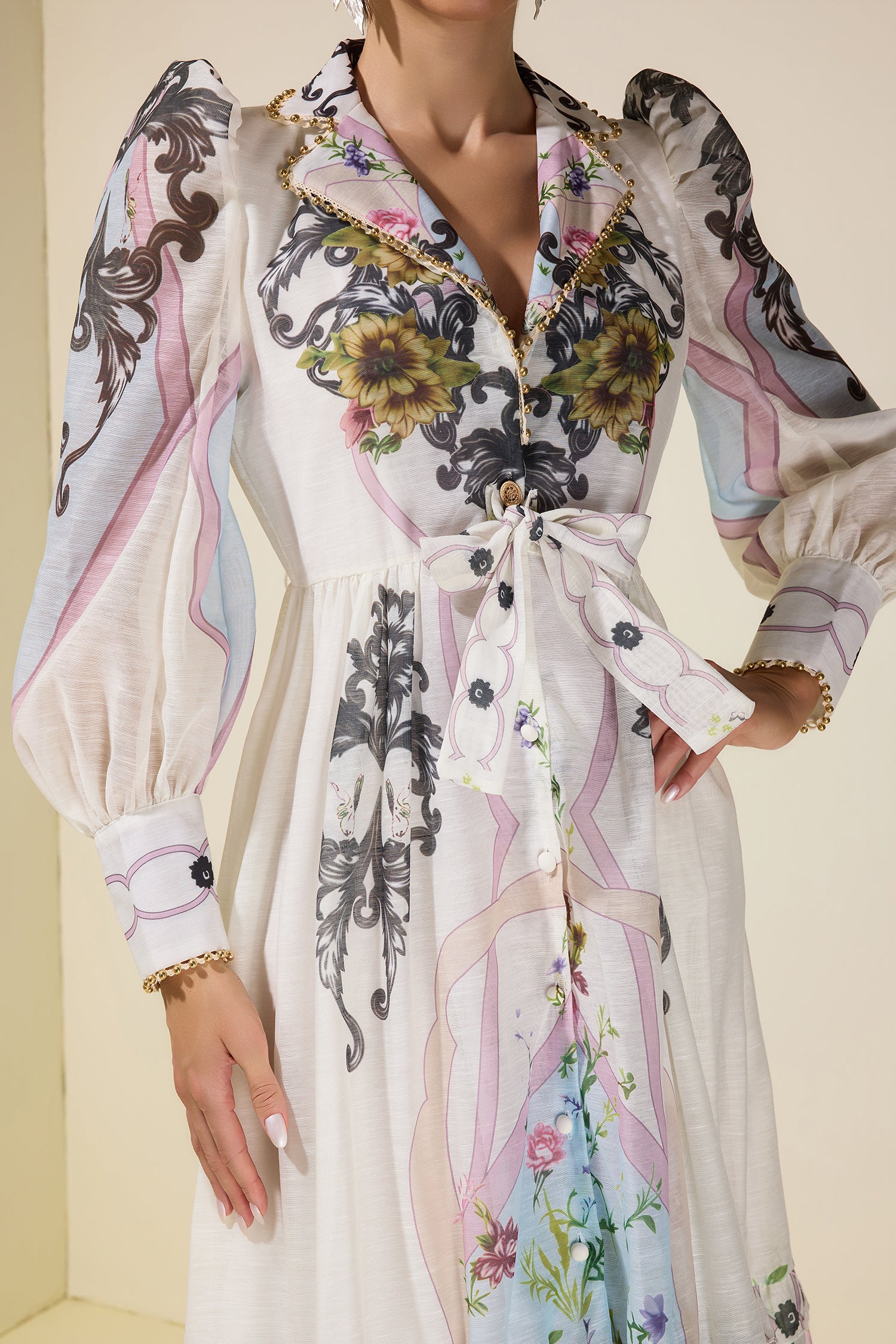 Floral Lace-Up Tailored Collar Maxi Dress