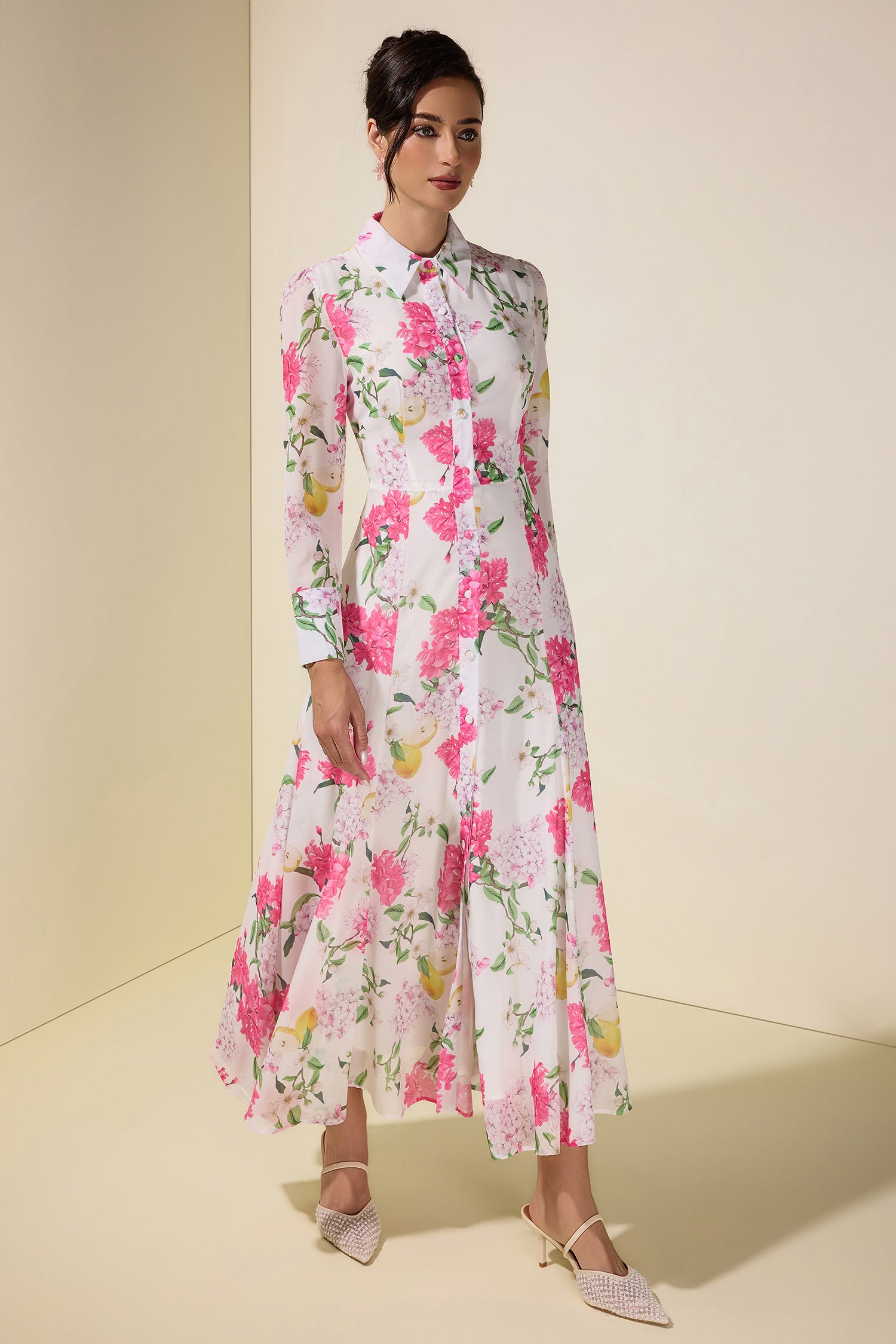 Floral Single Breasted Long Sleeve Midi Dress