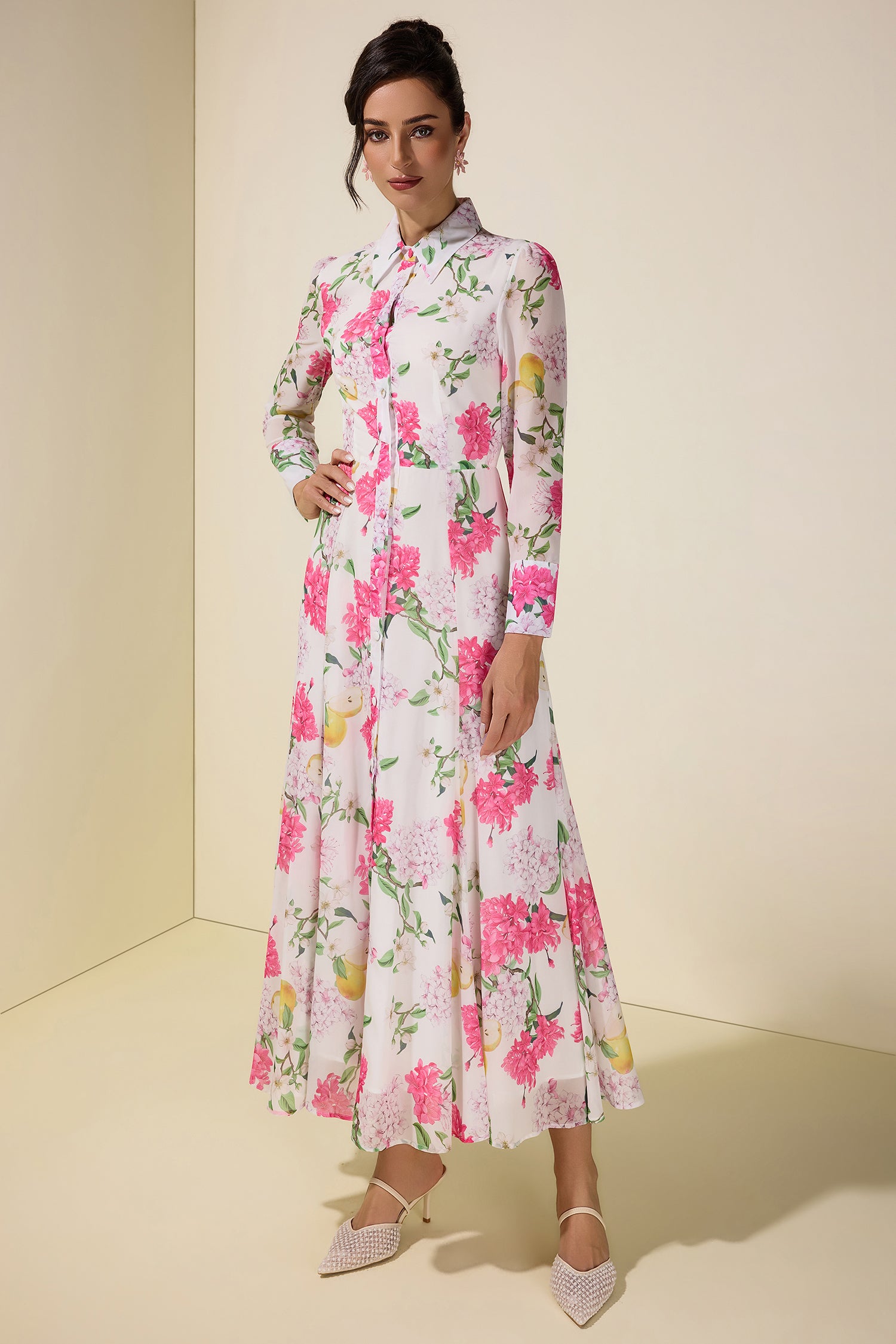 Floral Single Breasted Long Sleeve Midi Dress