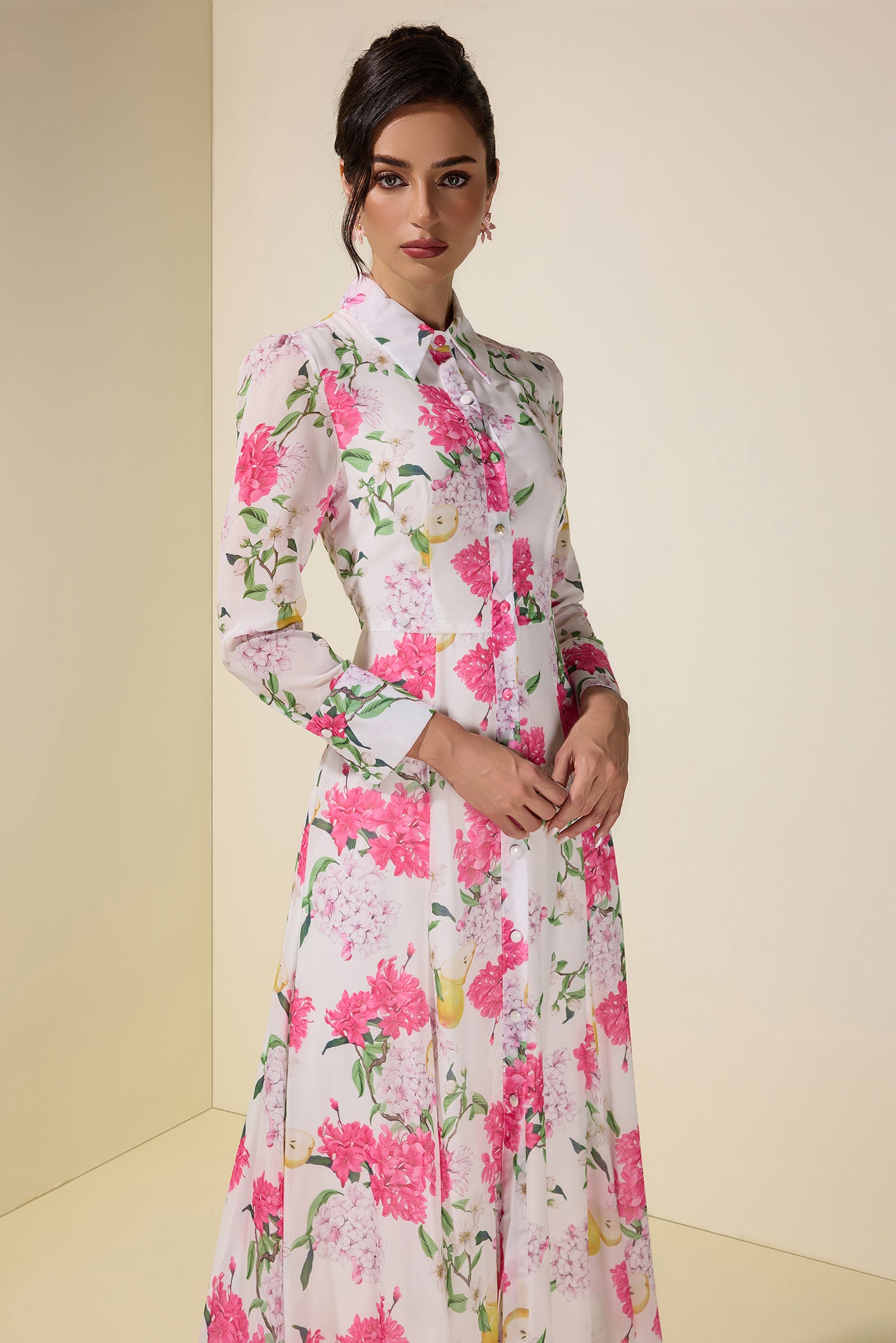 Floral Single Breasted Long Sleeve Midi Dress