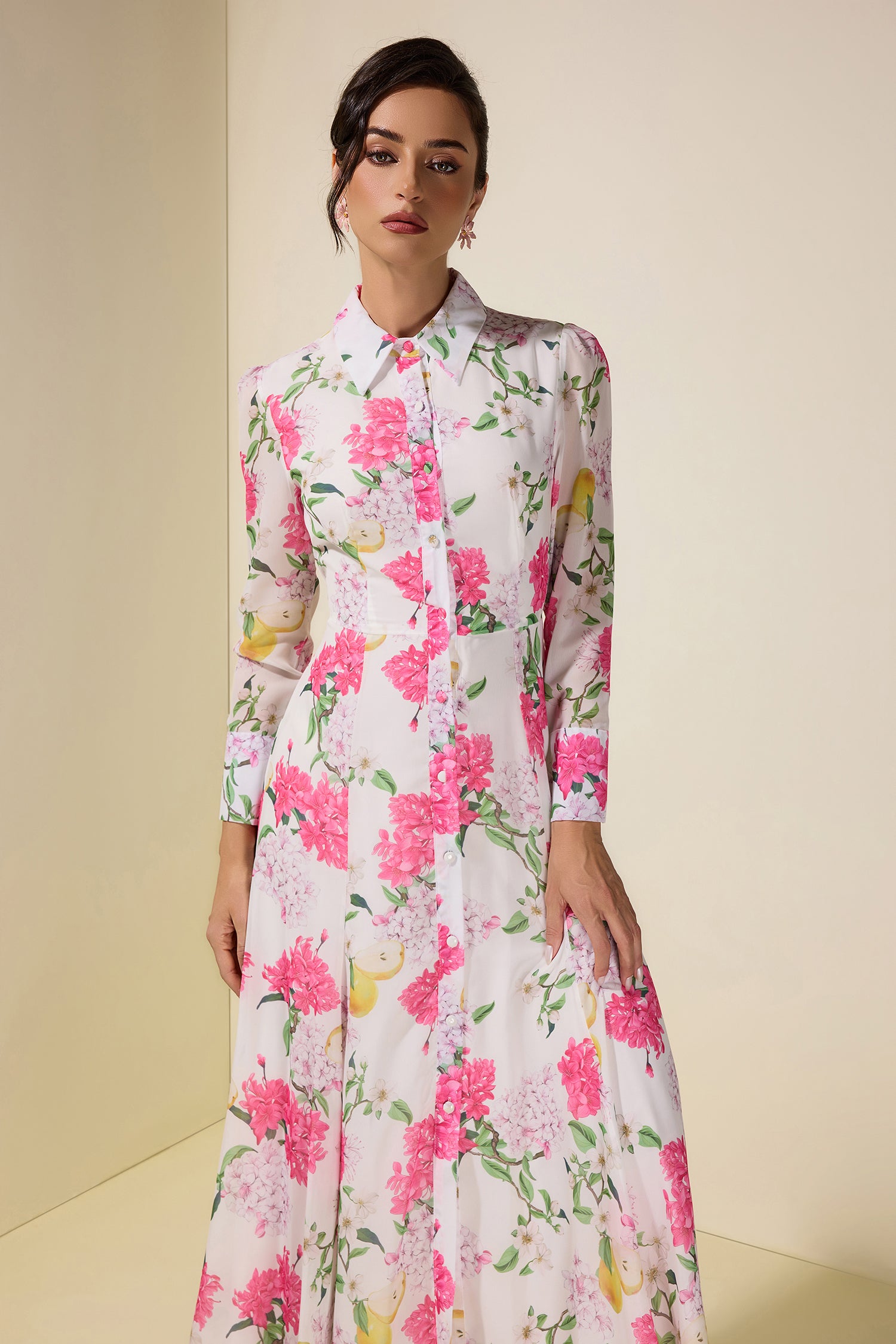 Floral Single Breasted Long Sleeve Midi Dress