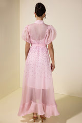 Seersucker Rhinestone Puff Sleeve Maxi Dress With Belt