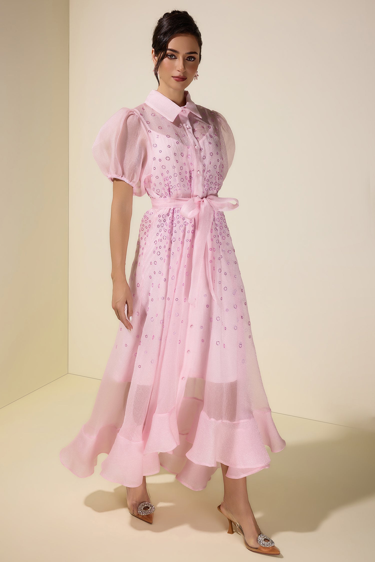 Seersucker Rhinestone Puff Sleeve Maxi Dress With Belt