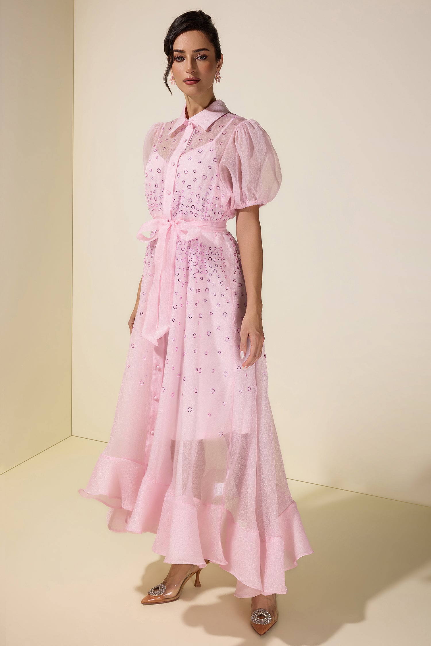Seersucker Rhinestone Puff Sleeve Maxi Dress With Belt