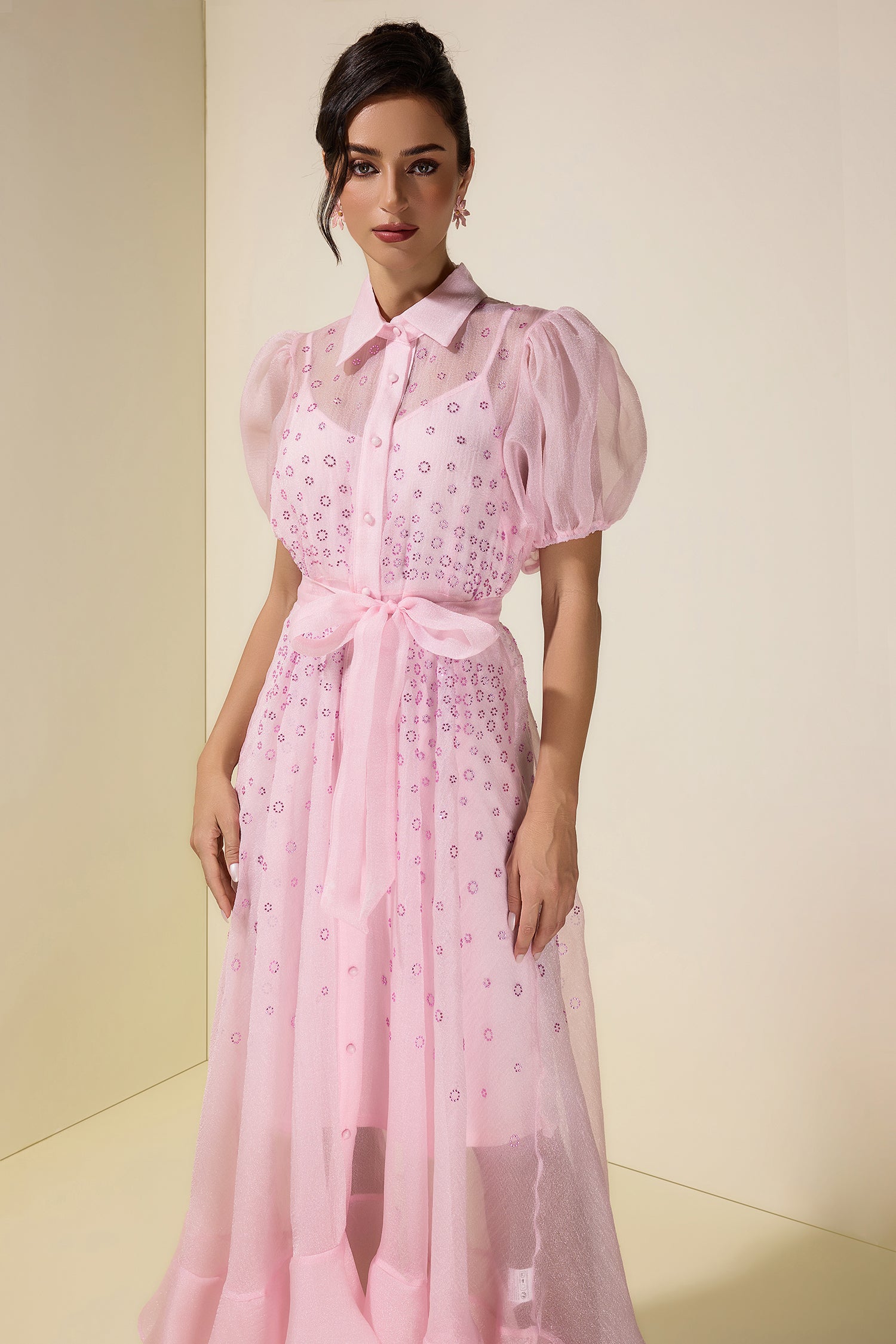 Seersucker Rhinestone Puff Sleeve Maxi Dress With Belt