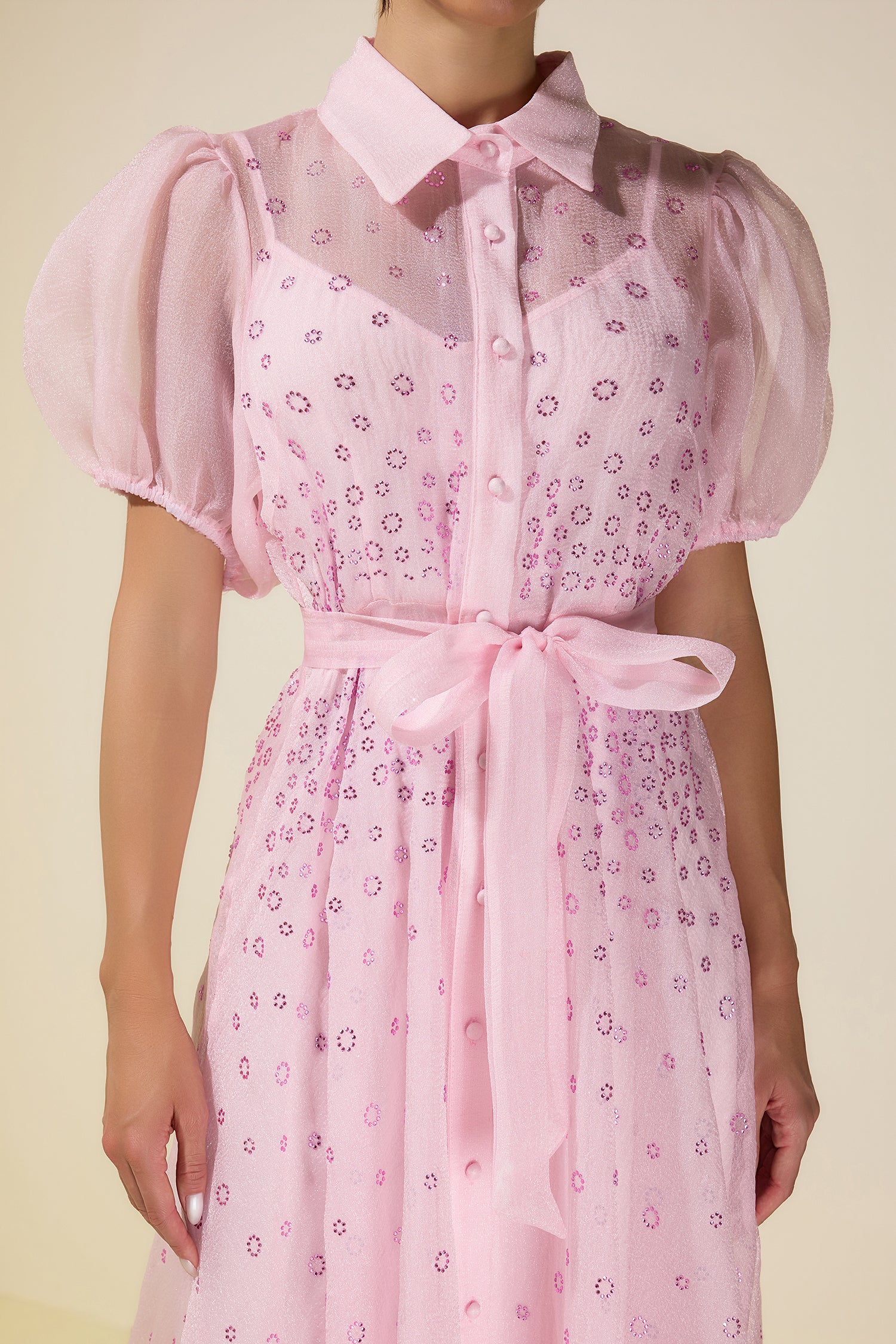 Seersucker Rhinestone Puff Sleeve Maxi Dress With Belt