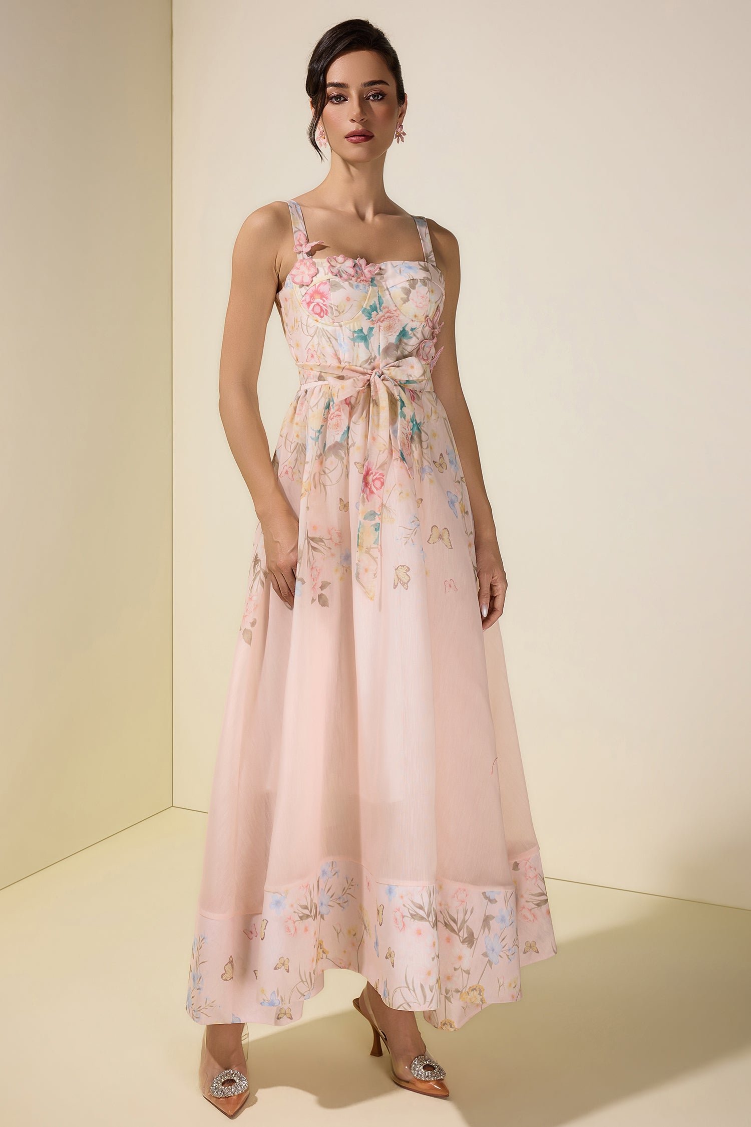 Floral Smocking Square Collar Midi Dress With Belt