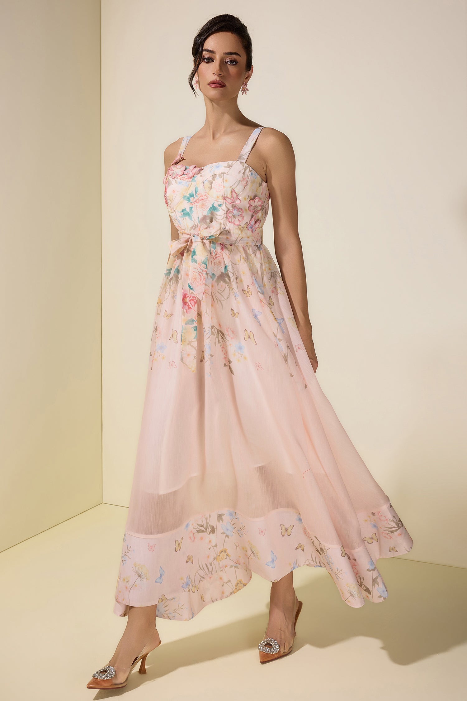 Floral Smocking Square Collar Midi Dress With Belt