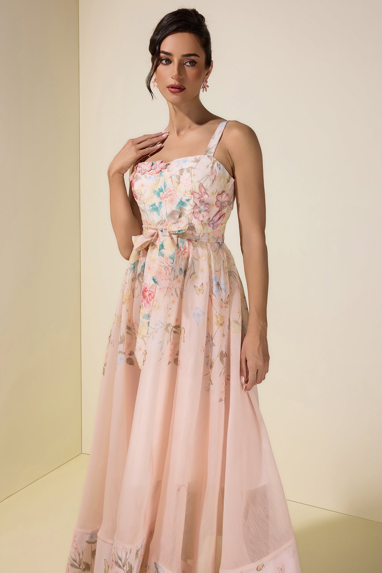 Floral Smocking Square Collar Midi Dress With Belt
