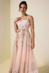 Floral Smocking Square Collar Midi Dress With Belt