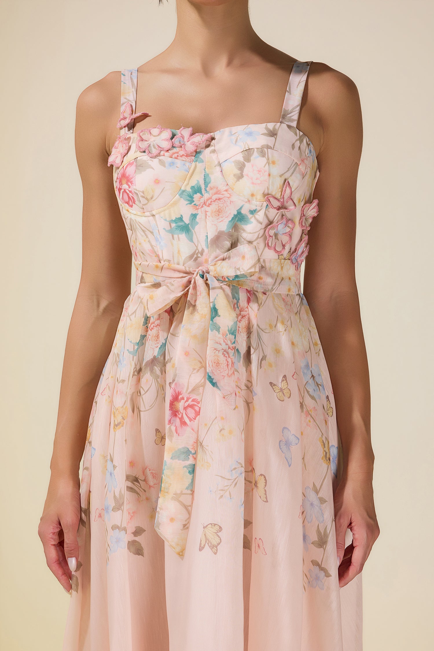 Floral Smocking Square Collar Midi Dress With Belt