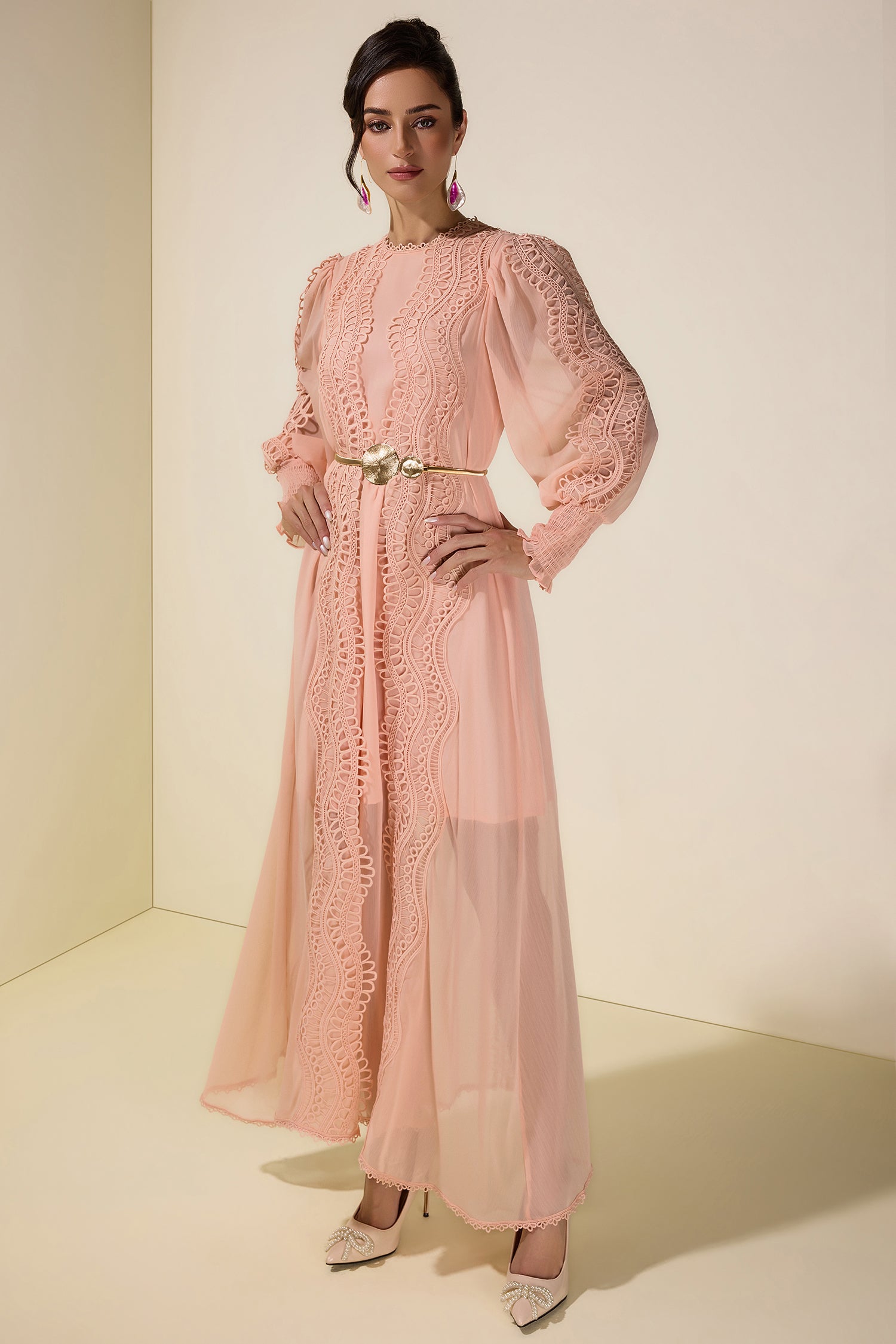 Chiffon Lace Midi Dress With Metal Belt