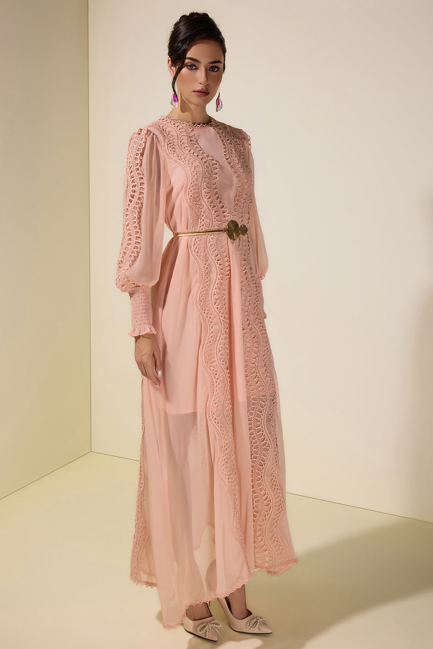 Chiffon Lace Midi Dress With Metal Belt