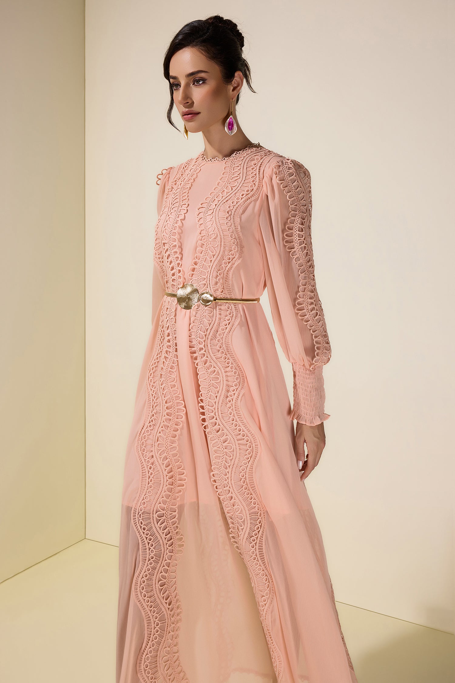 Chiffon Lace Midi Dress With Metal Belt