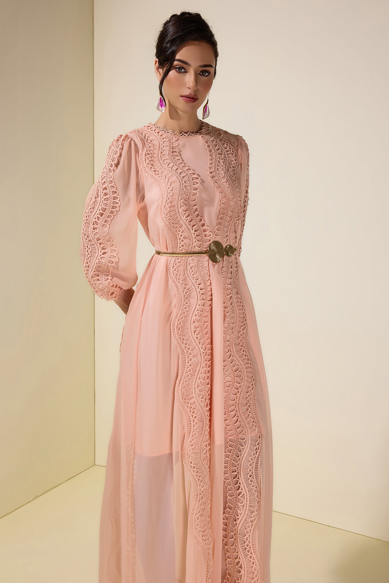 Chiffon Lace Midi Dress With Metal Belt