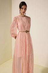 Chiffon Lace Midi Dress With Metal Belt
