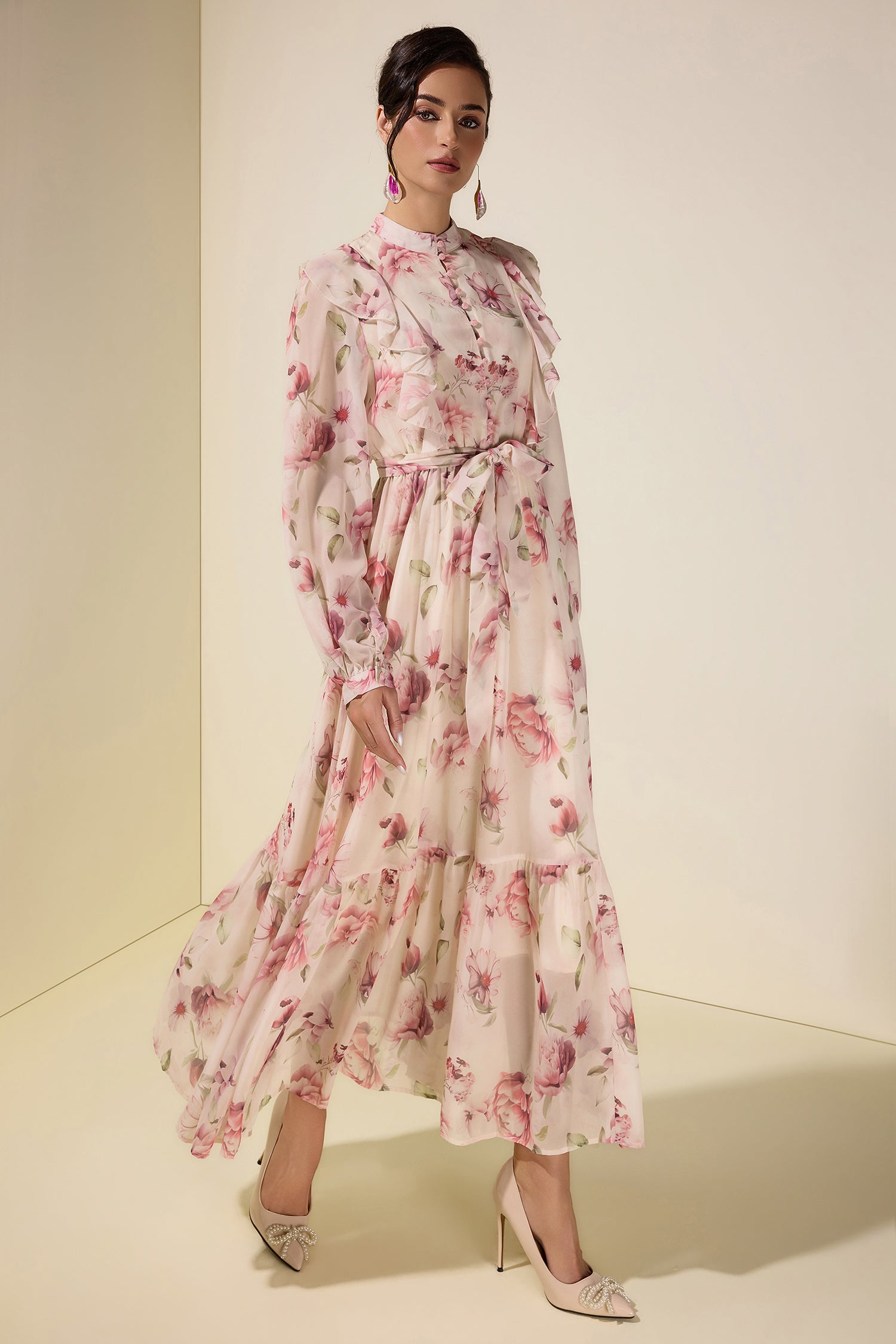Floral Ruffle Maxi Dress With Belt