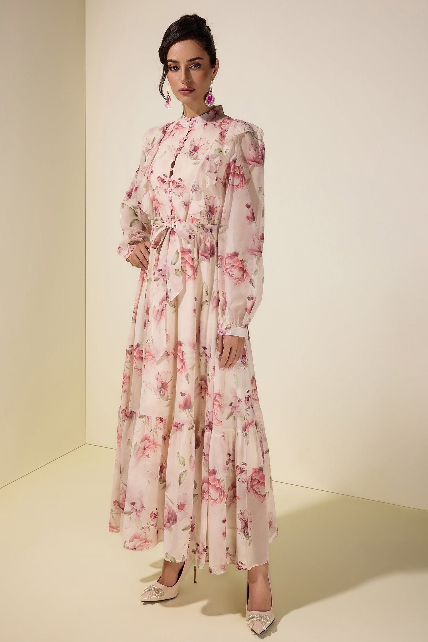 Floral Ruffle Maxi Dress With Belt