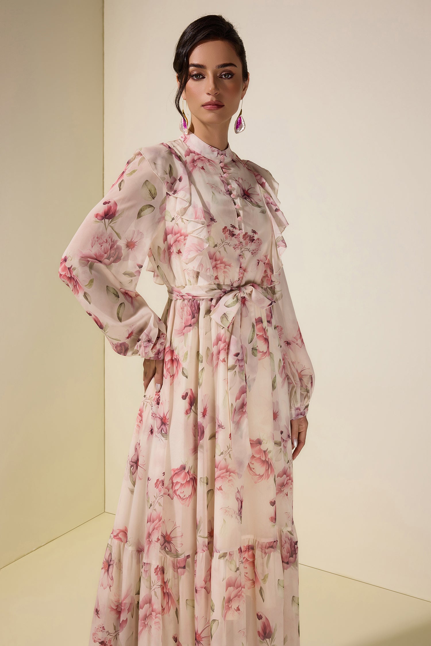 Floral Ruffle Maxi Dress With Belt