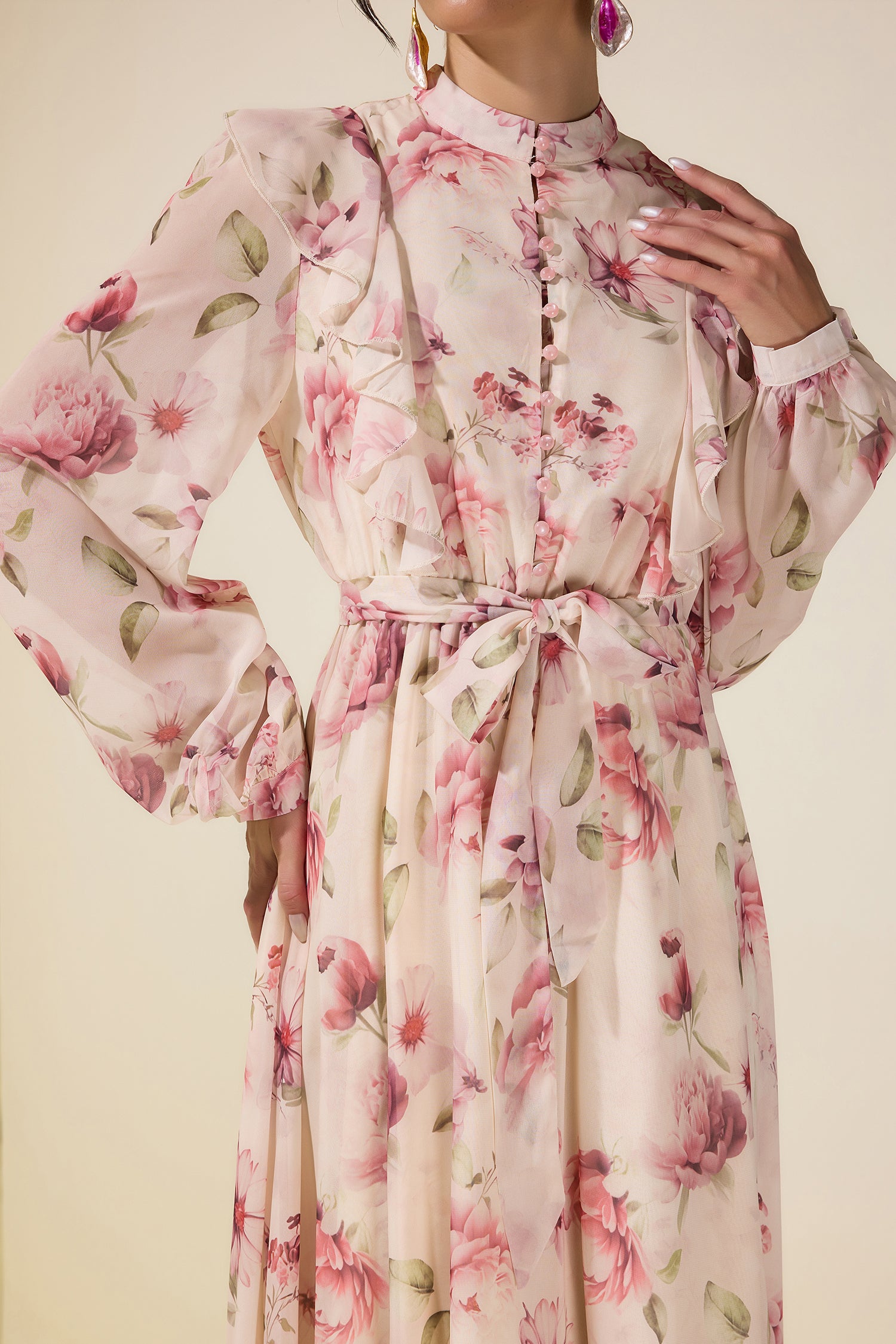 Floral Ruffle Maxi Dress With Belt