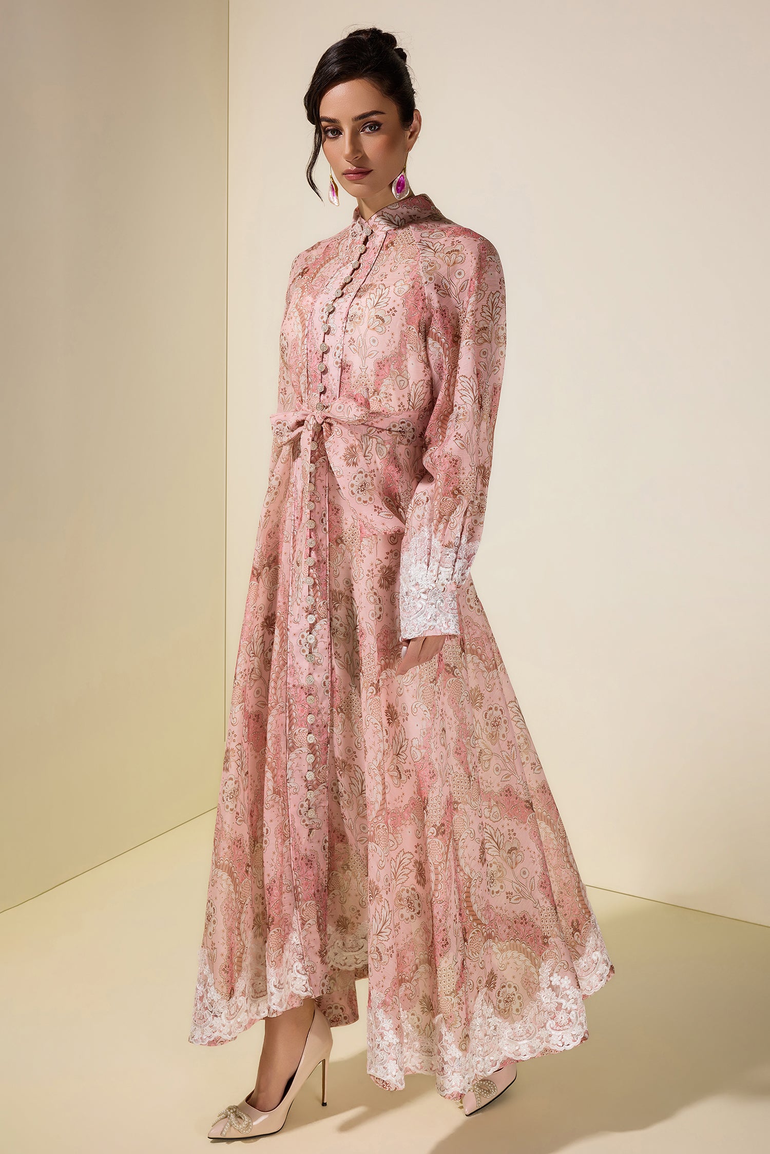 Paisley Print Lace Single Breasted Midi Dress