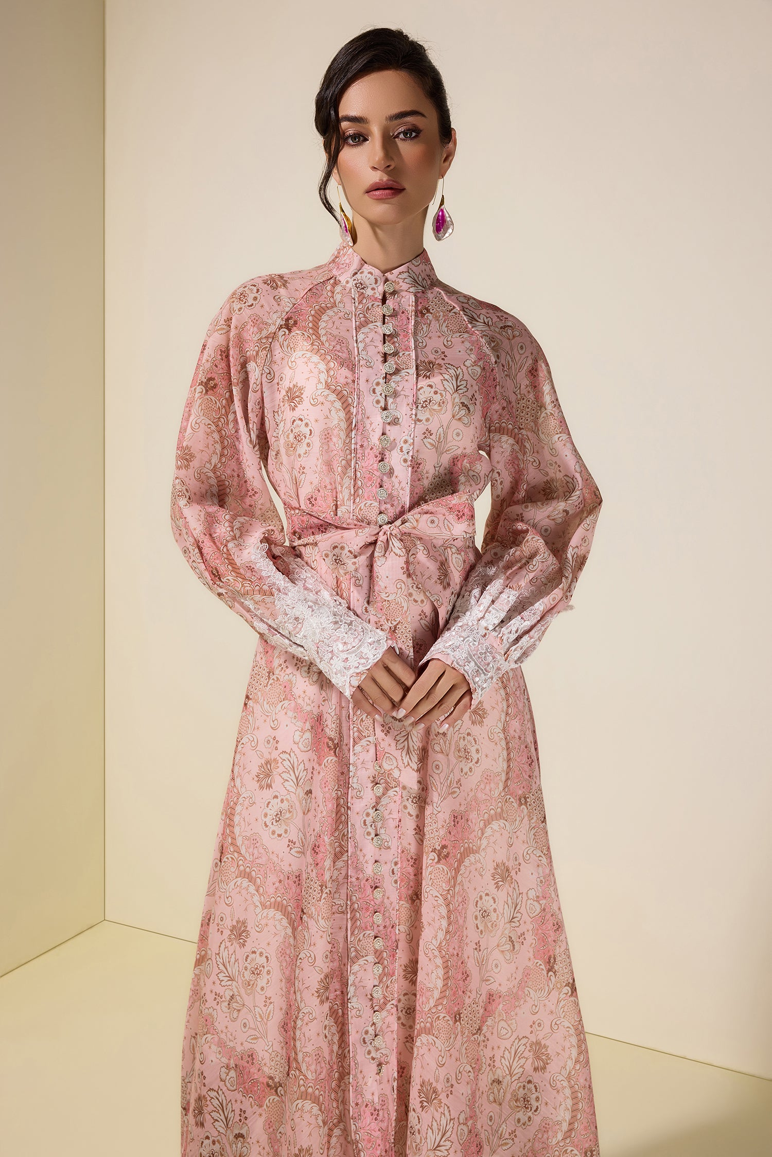 Paisley Print Lace Single Breasted Midi Dress