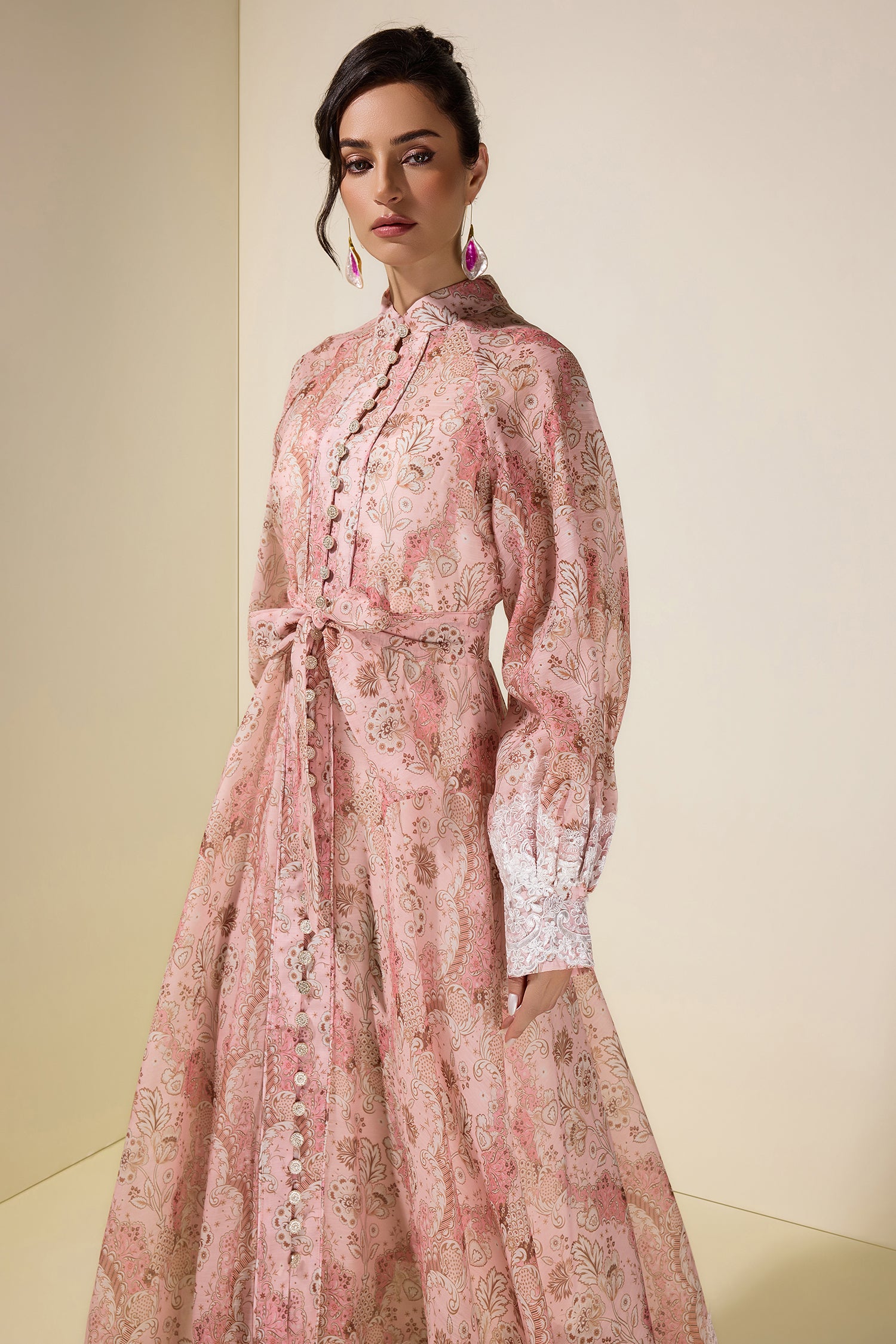 Paisley Print Lace Single Breasted Midi Dress