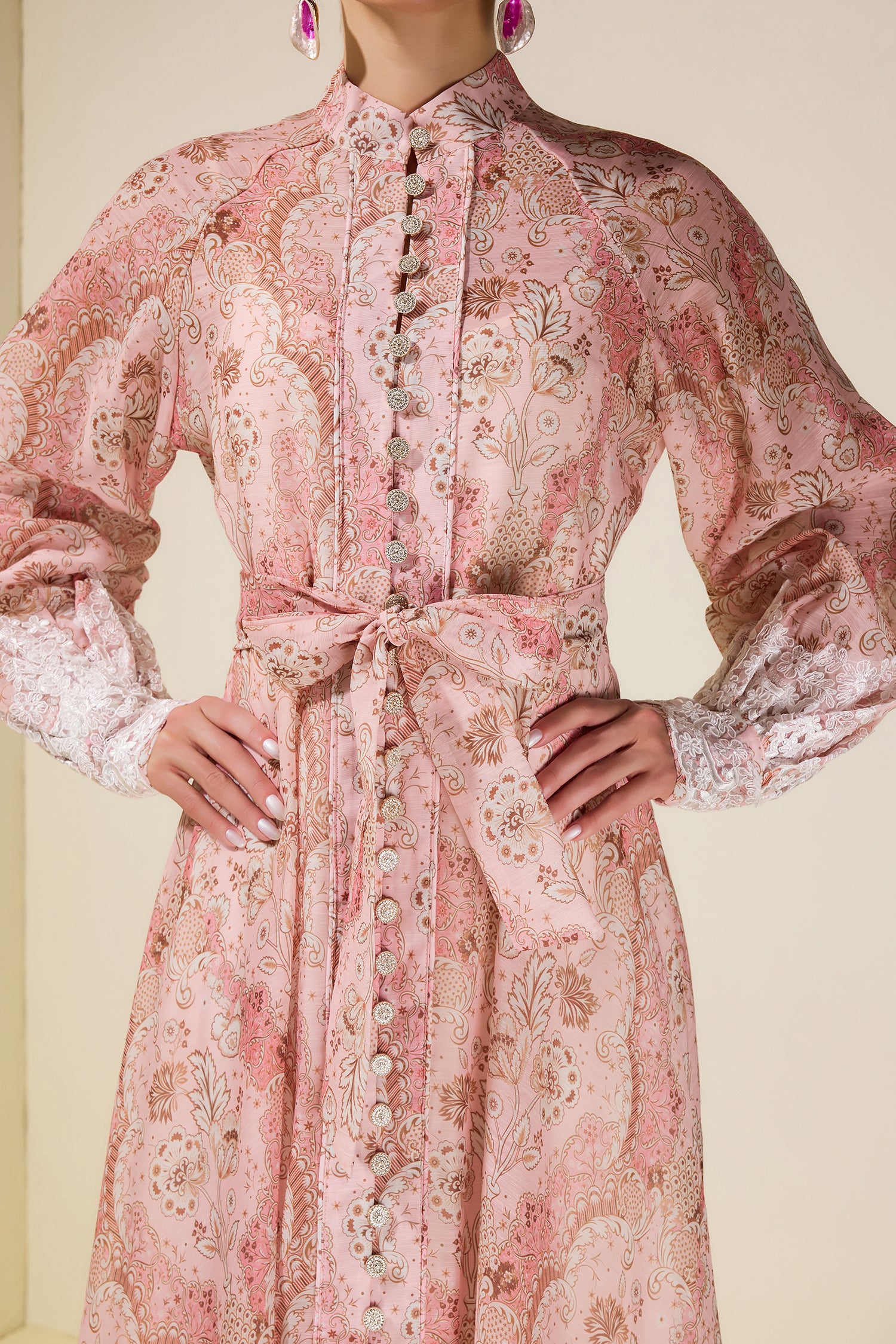 Paisley Print Lace Single Breasted Midi Dress
