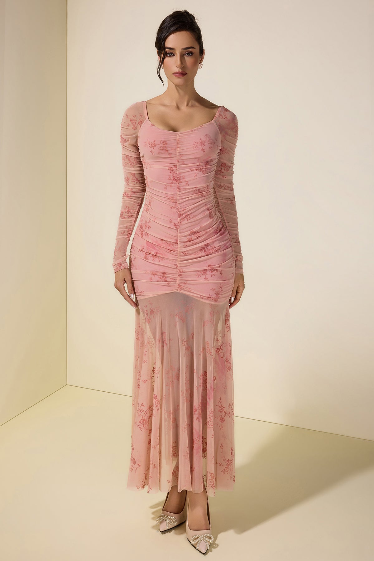 Burnout Velour Gathering Sweetheart Neck Midi Dress