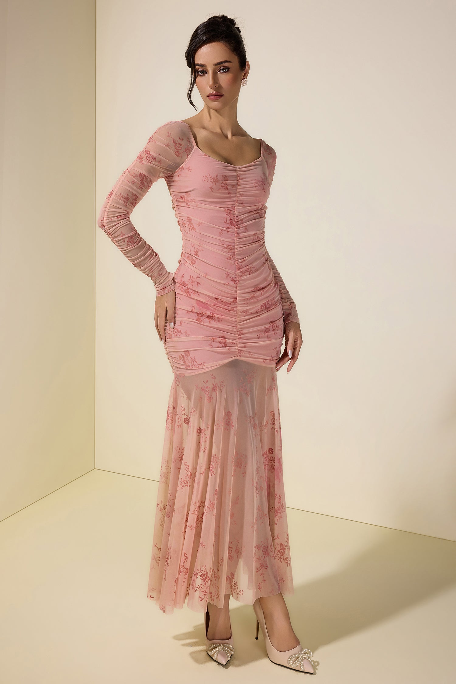 Burnout Velour Gathering Sweetheart Neck Midi Dress