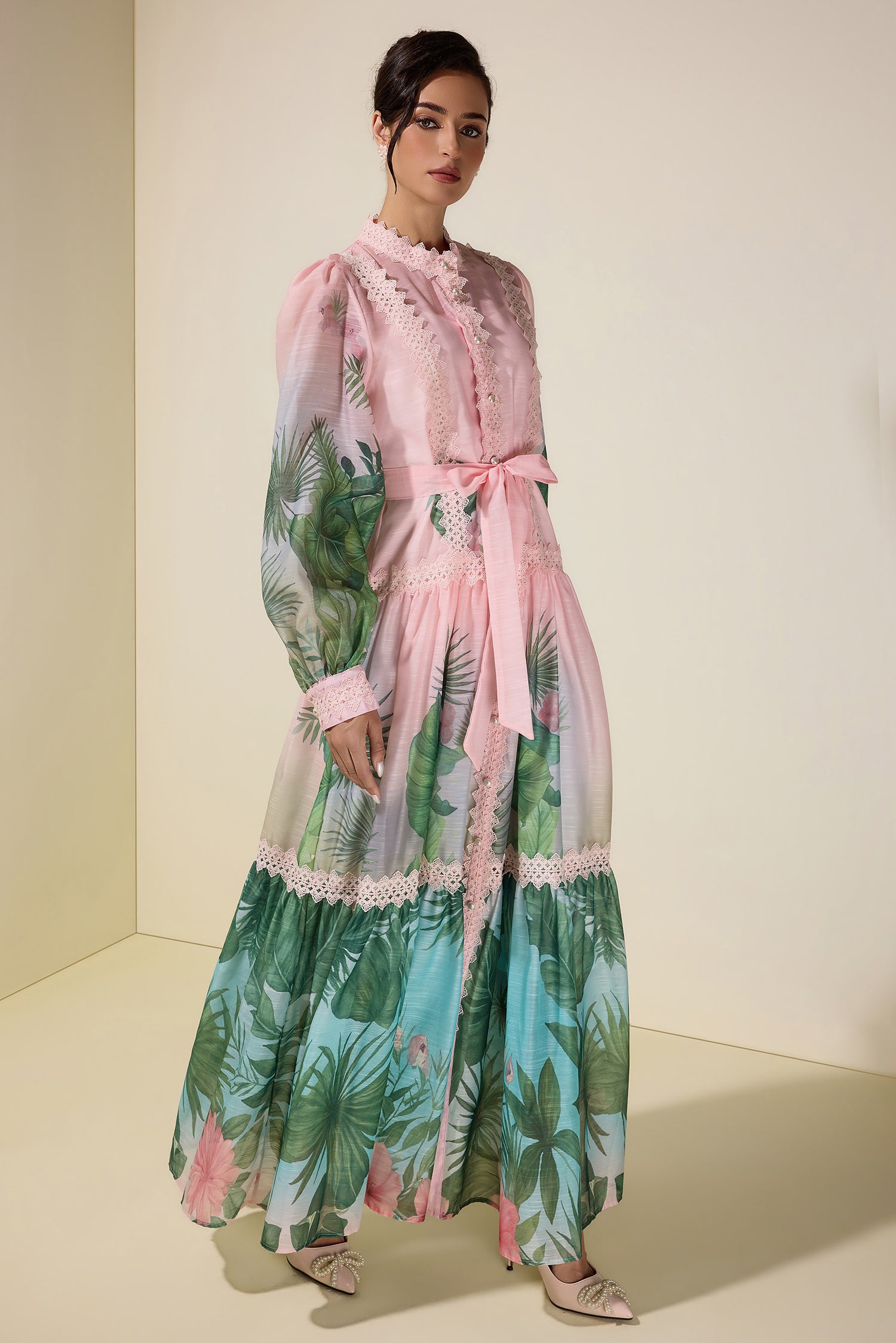 Botanical Print Single Breasted Maxi Dress With Belt