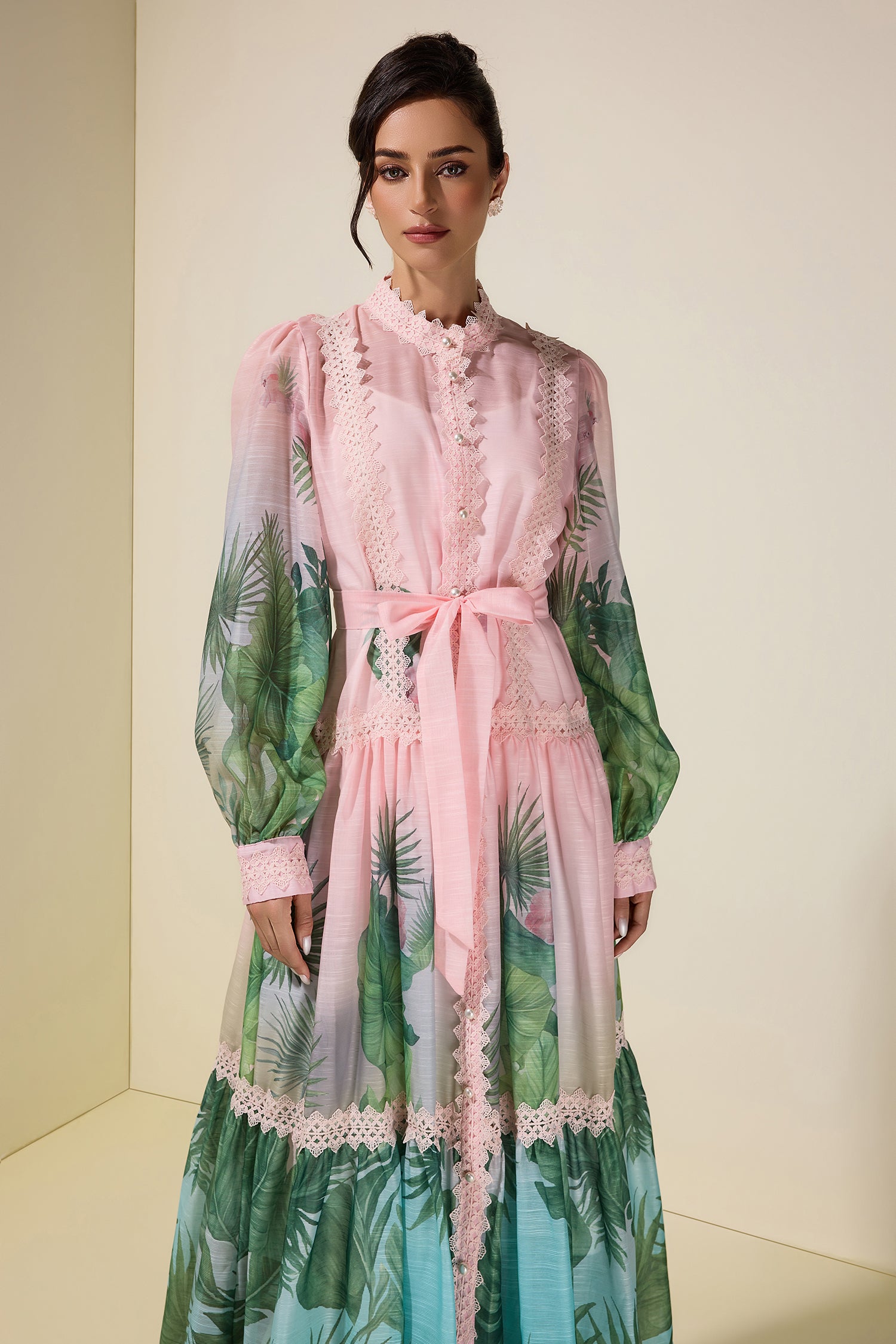 Botanical Print Single Breasted Maxi Dress With Belt