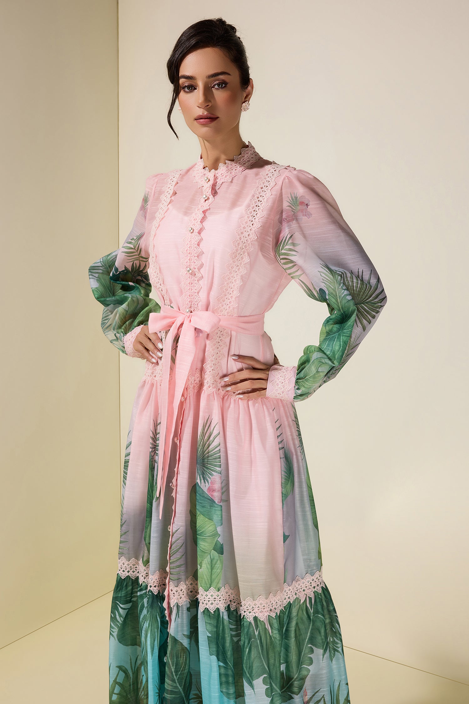 Botanical Print Single Breasted Maxi Dress With Belt