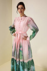 Botanical Print Single Breasted Maxi Dress With Belt