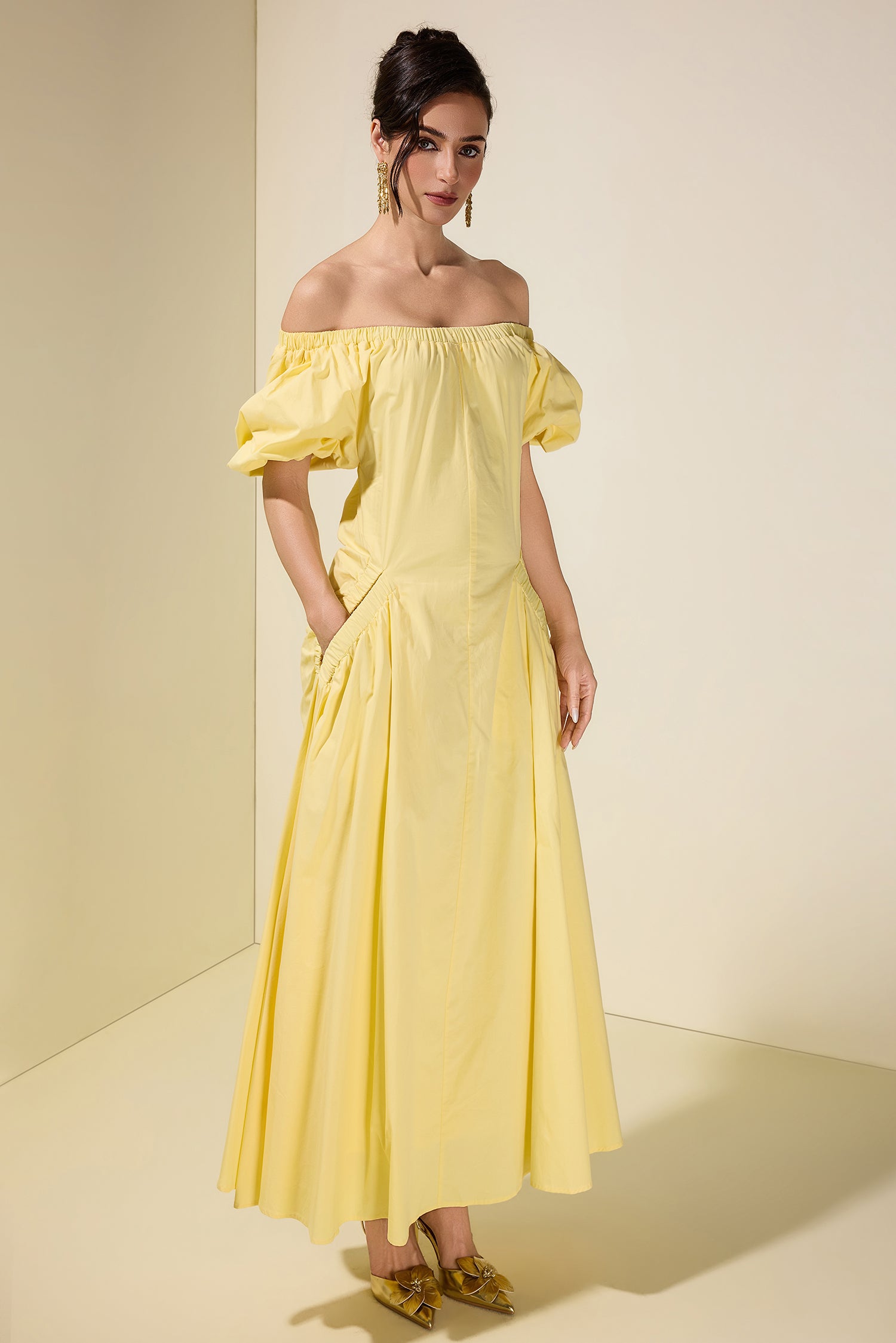 Gathering Pocket Off Shoulder Midi Dress