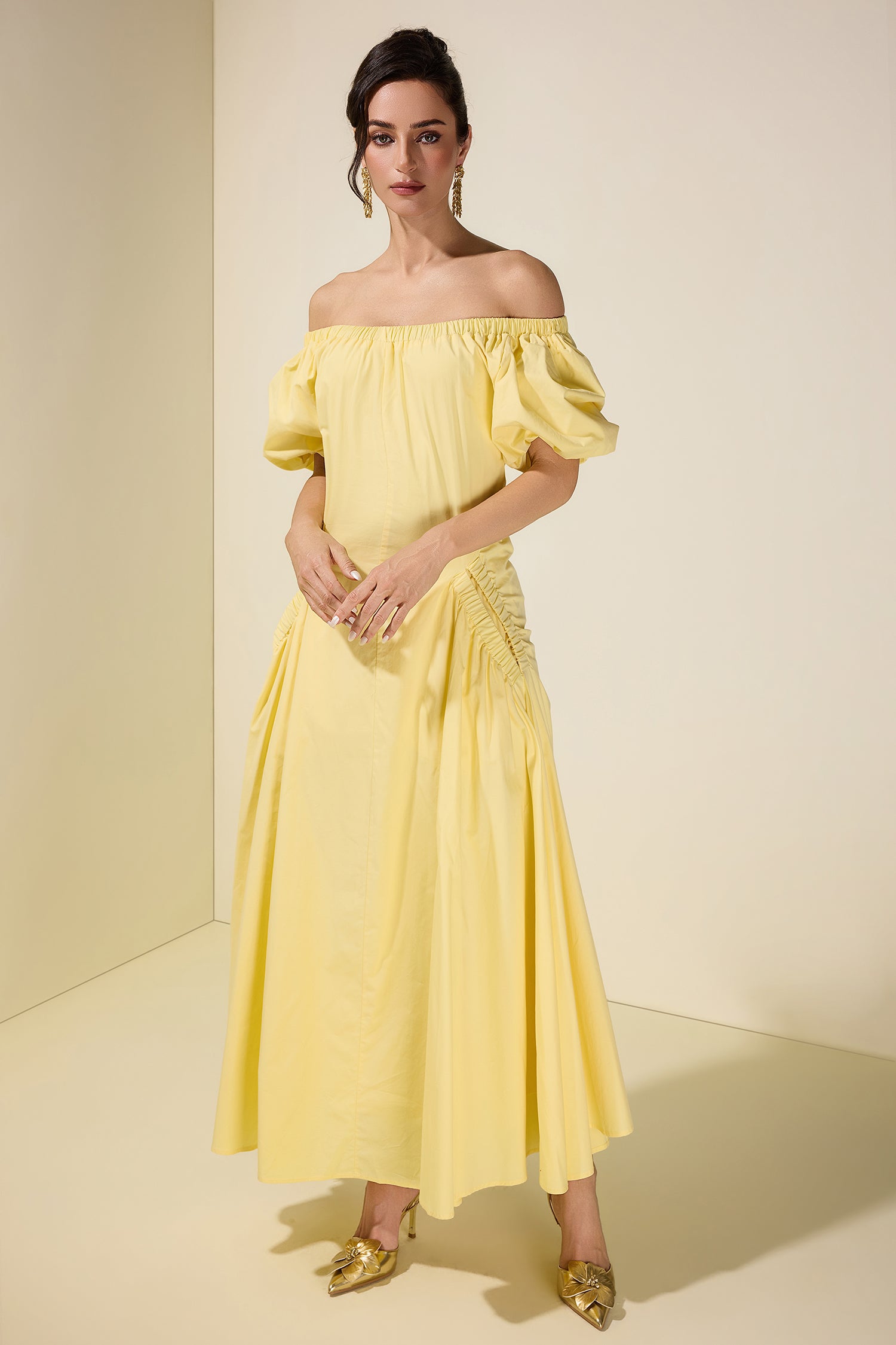 Gathering Pocket Off Shoulder Midi Dress
