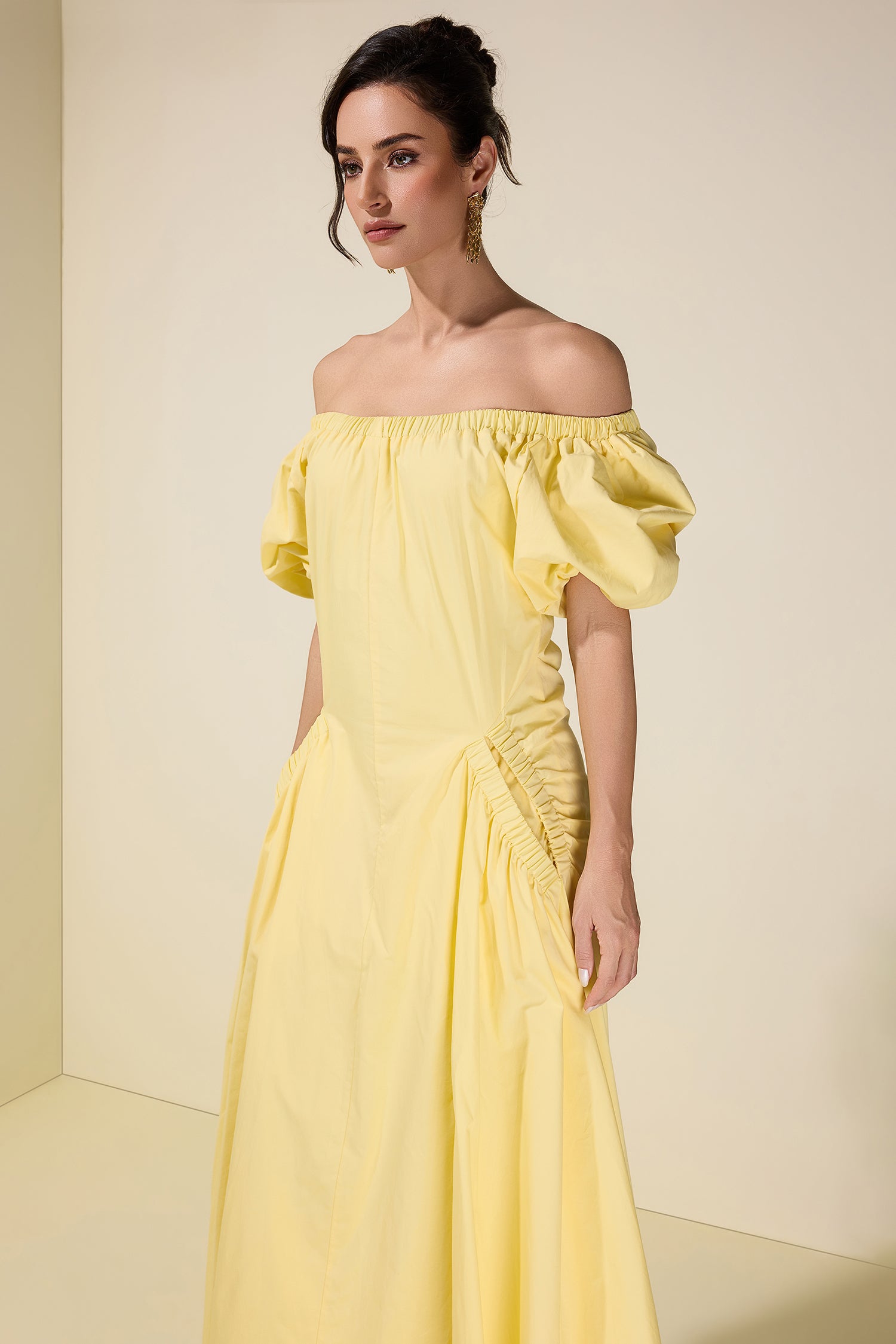 Gathering Pocket Off Shoulder Midi Dress